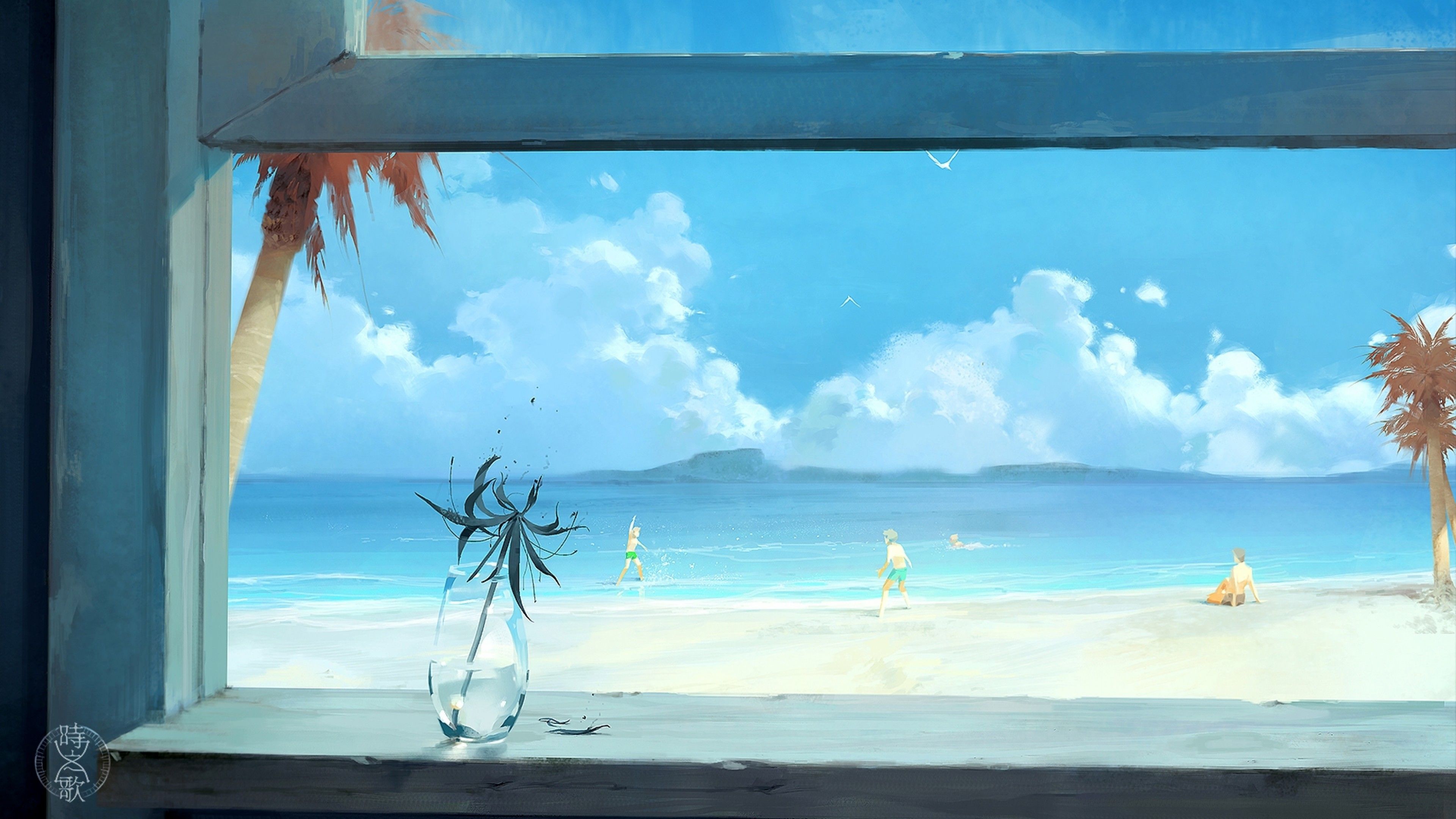 Download 3840x2160 Anime Landscape, Beach, Clouds, Window