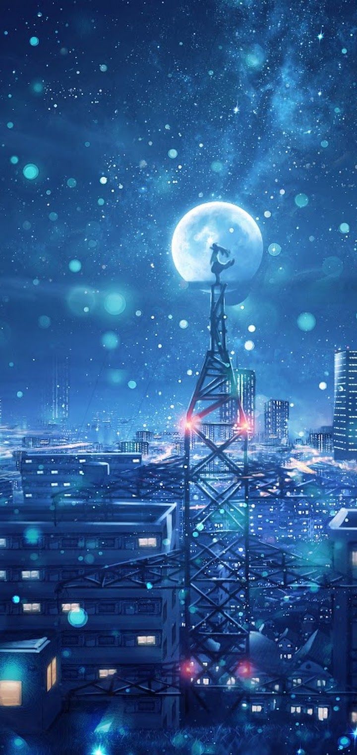 Night, Sky, City, Stars, Anime, Scenery, 4k, Phone