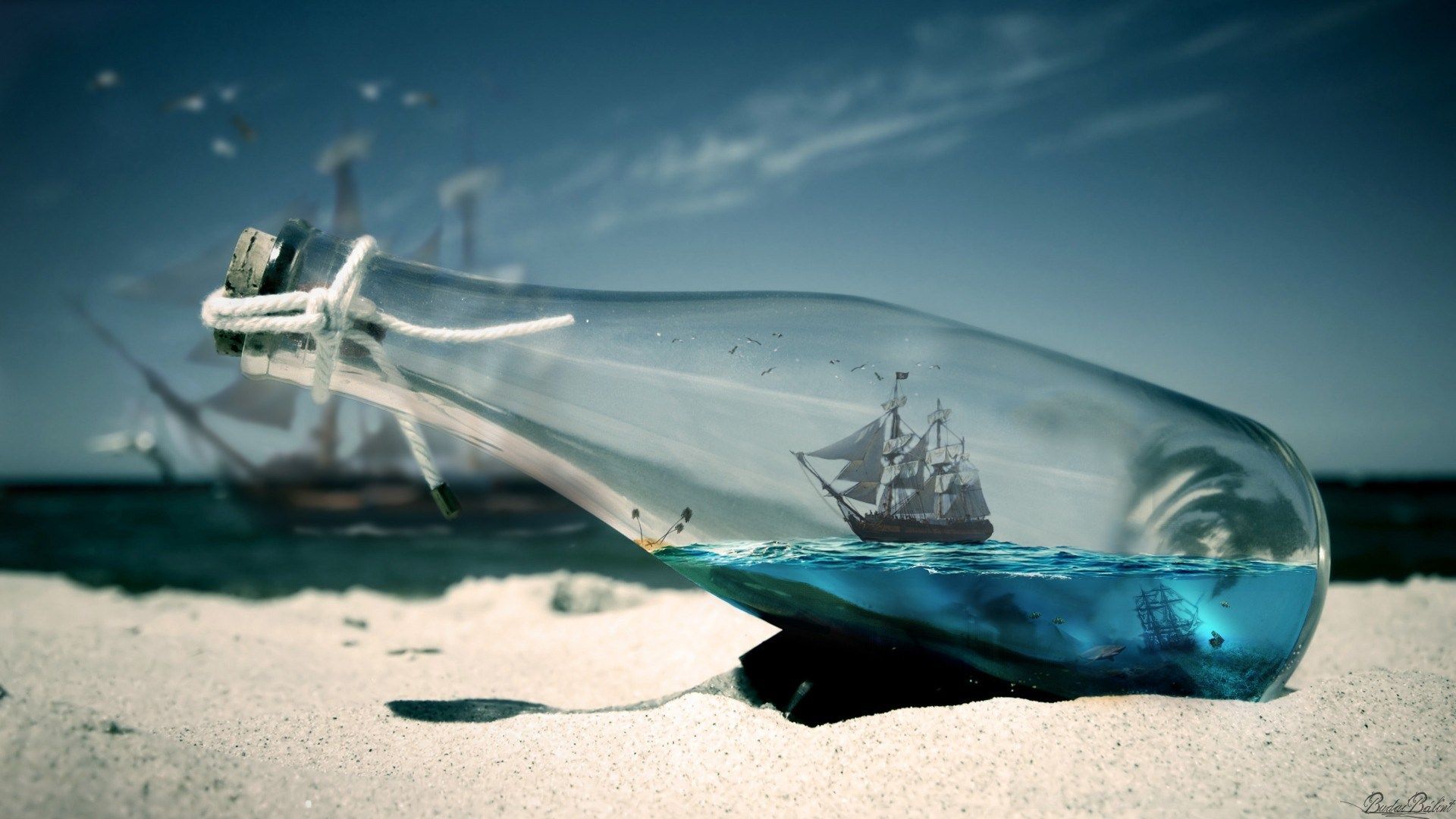 Optical Illusion Boat On Water Bottle Sand Wide HD Wallpaper