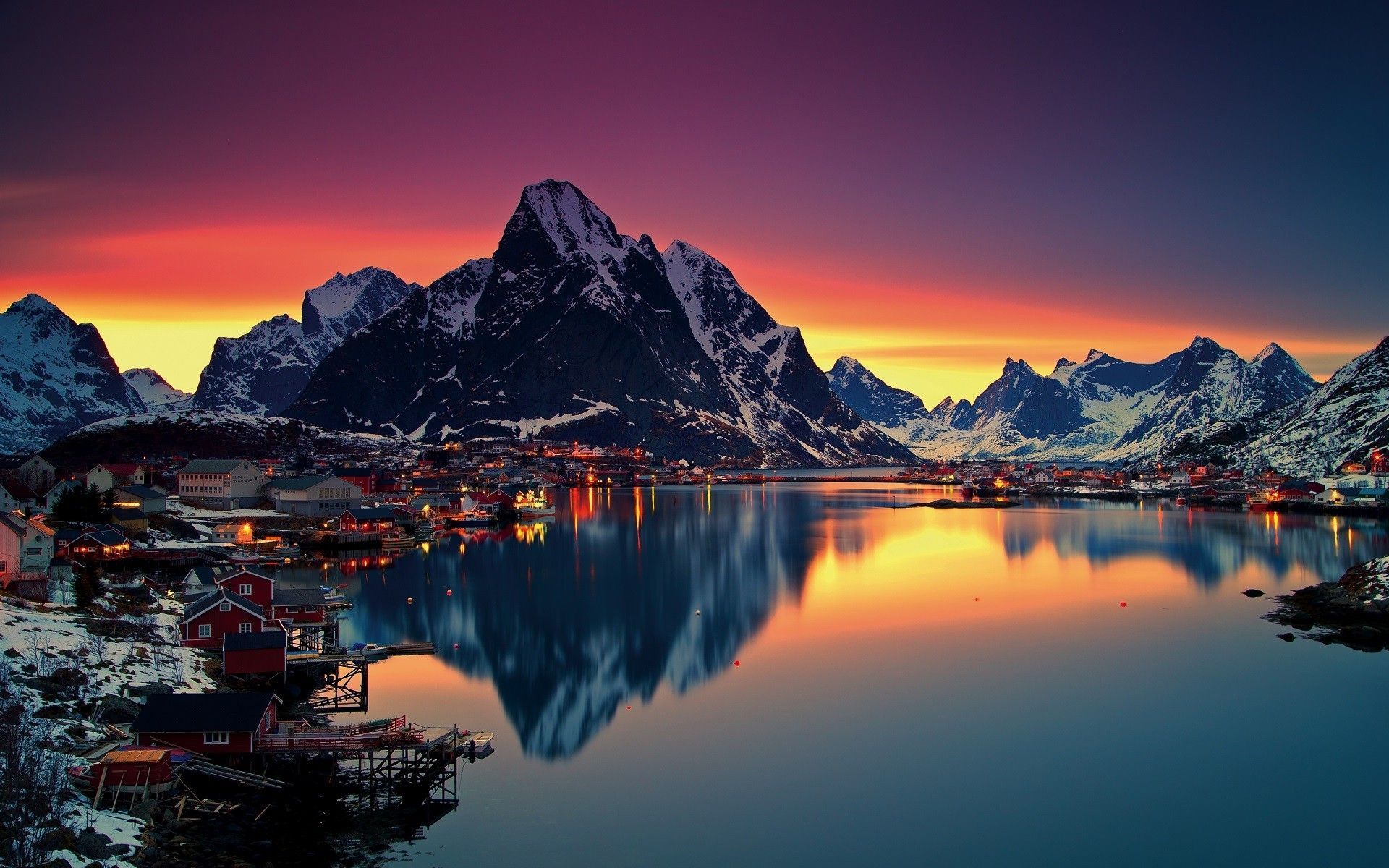 nature, Sea, Sunset, Water, Reflection, Mountain, Snow, Winter
