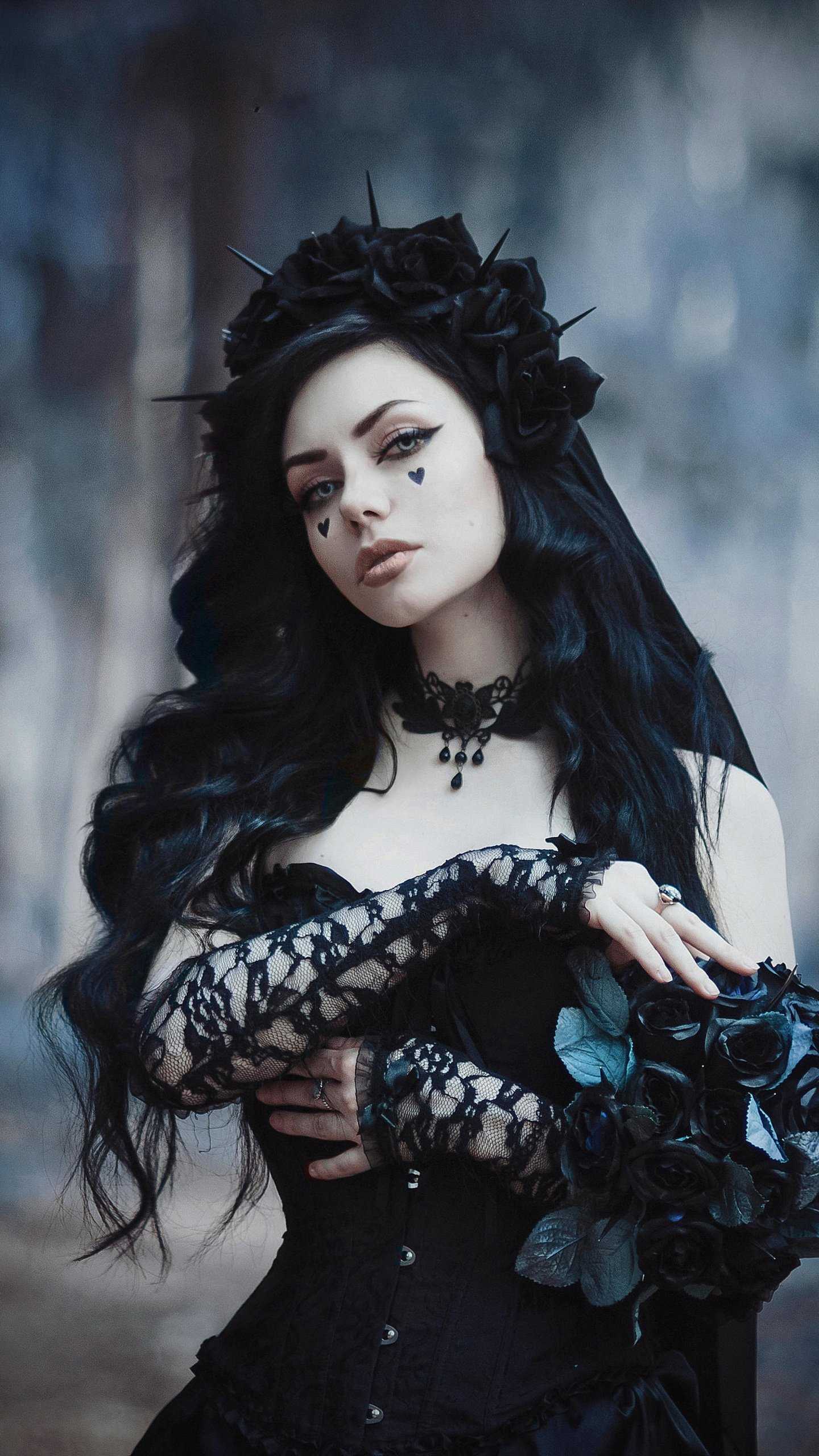 Gothic Bride in Black Dress HD Wallpaper (1440x2560)