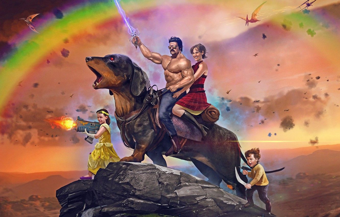 Wallpaper The sky, Dog, Mountain, Children, Rainbow, Weapons, Rainbow, Fantasy, Sky, Art, Fight, Male, Art, Woman, Mountain, Fiction image for desktop, section фантастика
