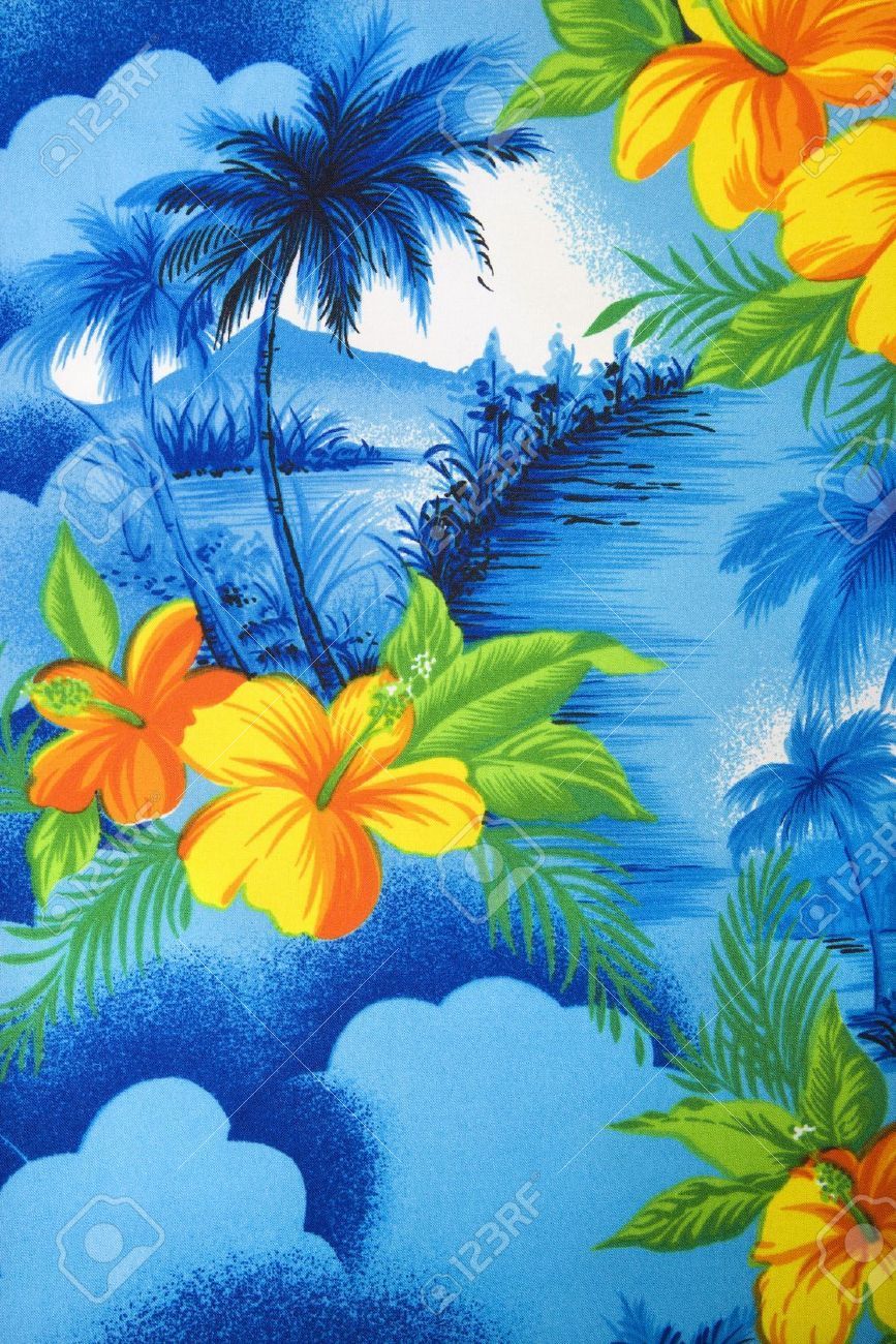 Close Up Of Bright Blue Hawaiian Vintage Fabric With Orange Hibiscus. Hawaiian Art, Caribbean Art, Wallpaper Background