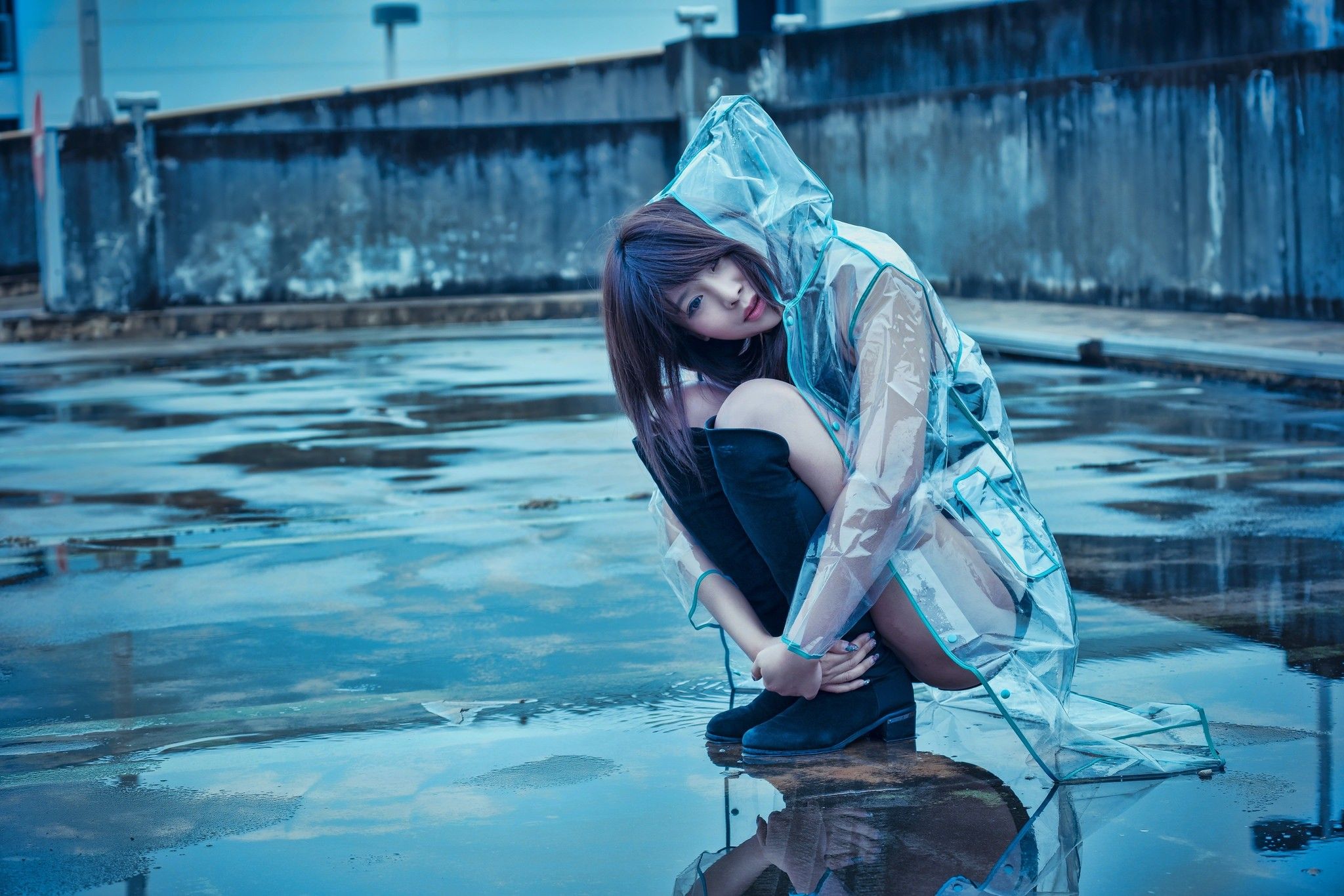 #Asian, #kneeling, #model, #women outdoors, #women, #rain