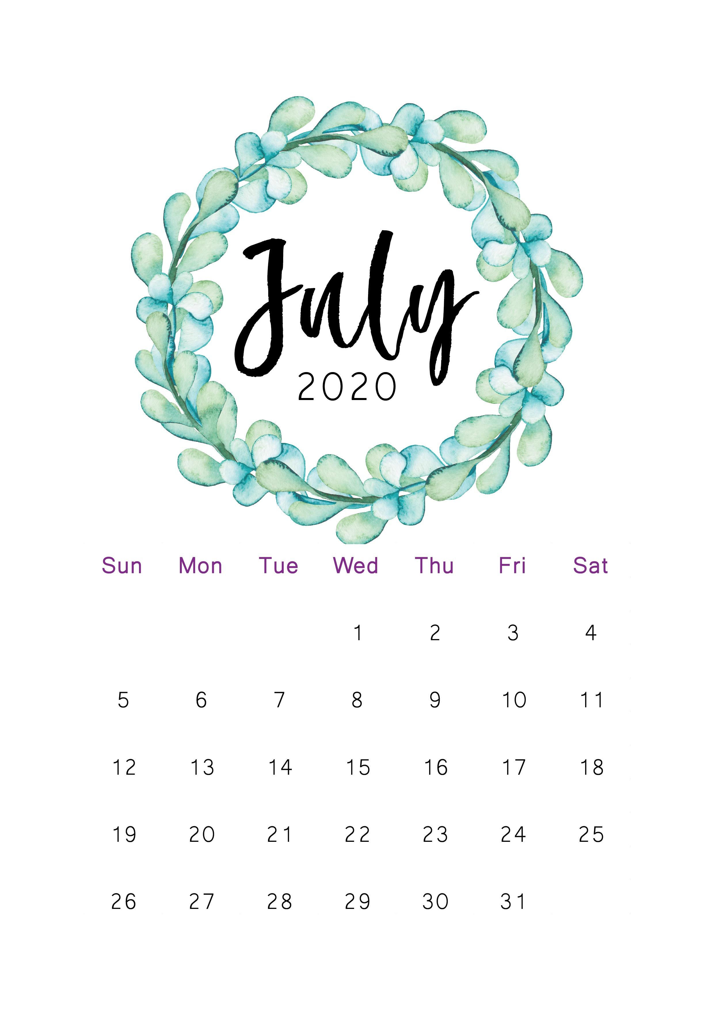 July 2020 Printable Calendar di 2020. Desain, Wallpaper ponsel