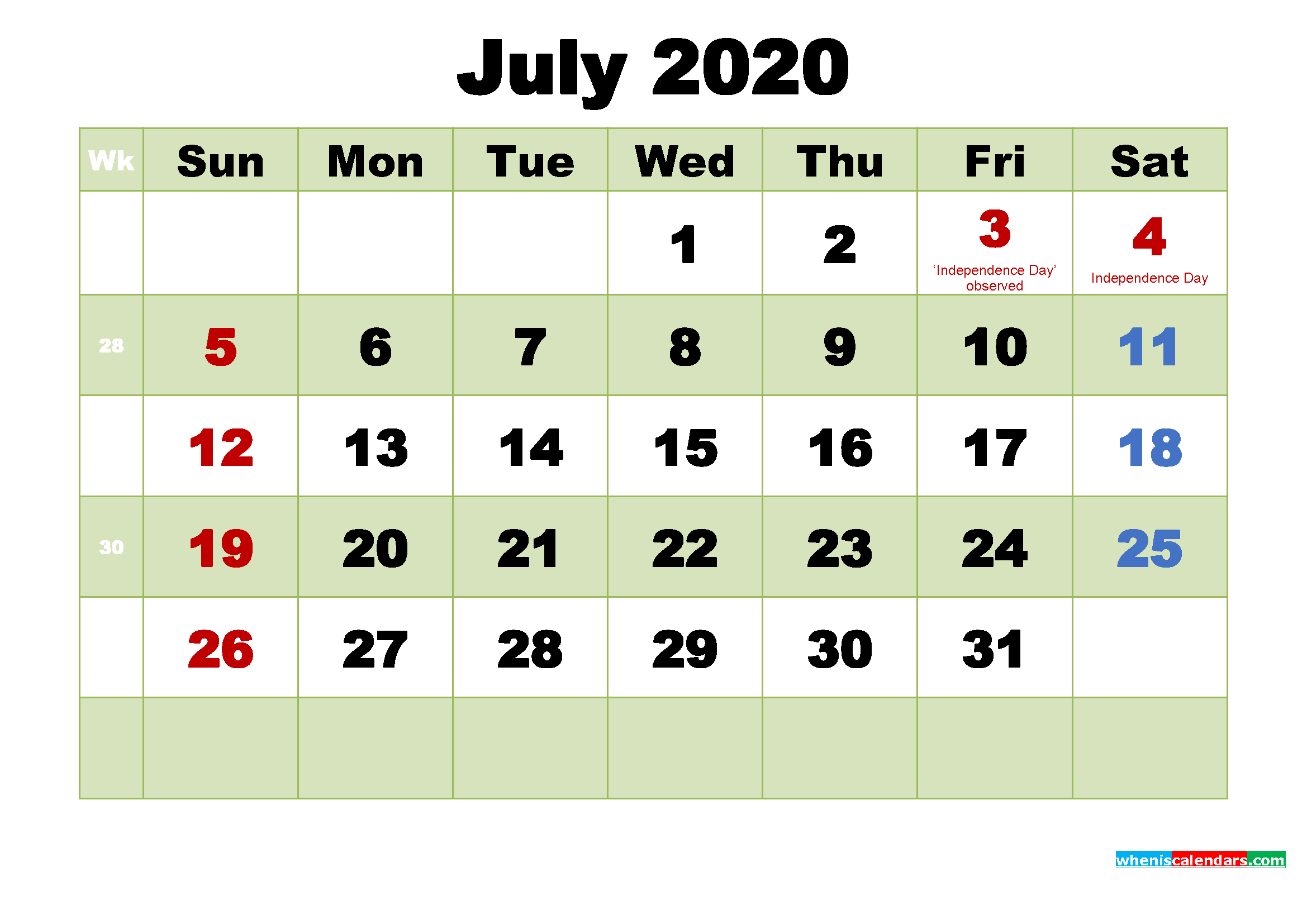 Free Printable July 2020 Calendar Wallpaper. Free Printable 2020