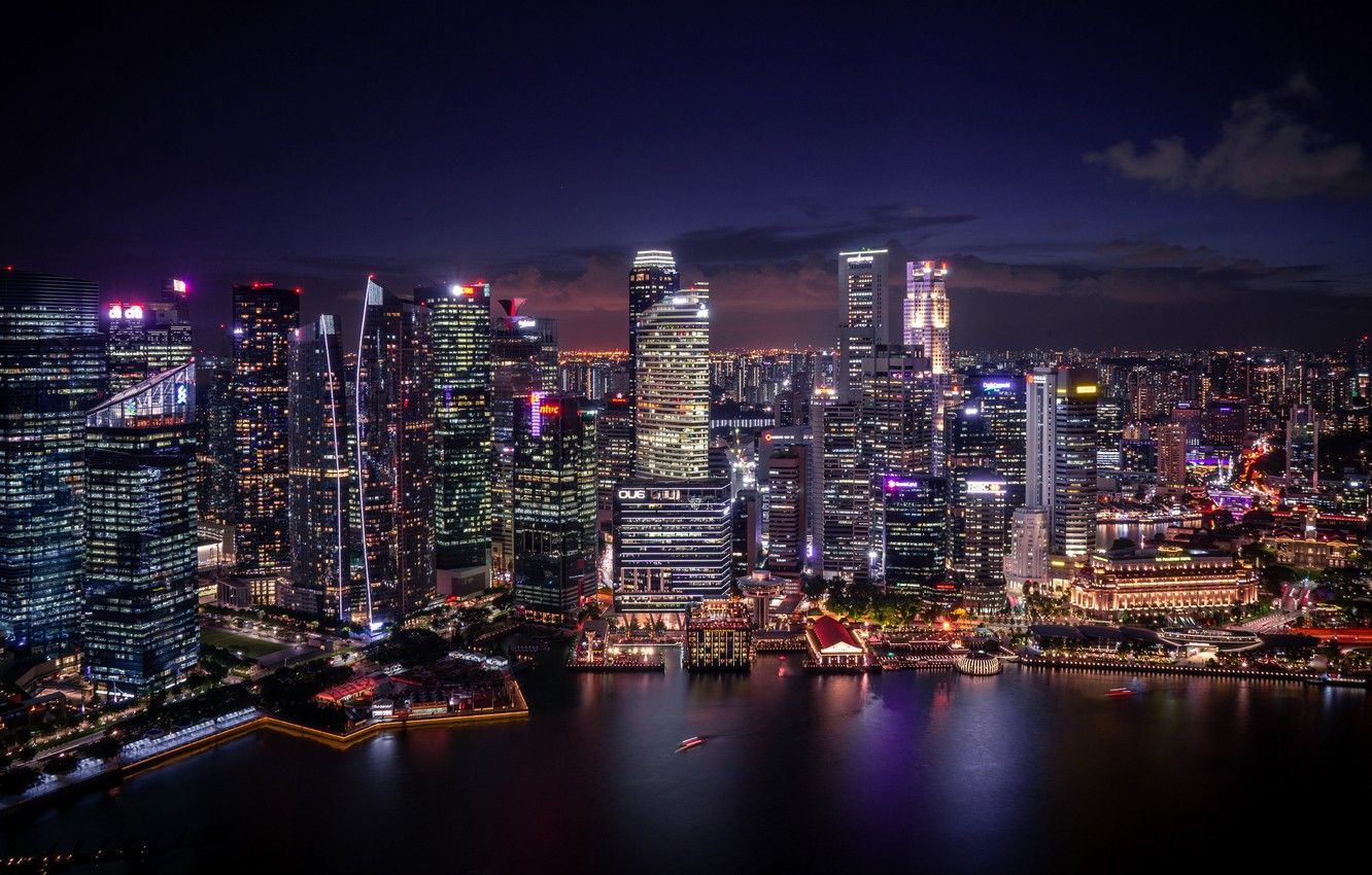 Wallpaper city, lights, coast, water, blur, Singapore, buildings