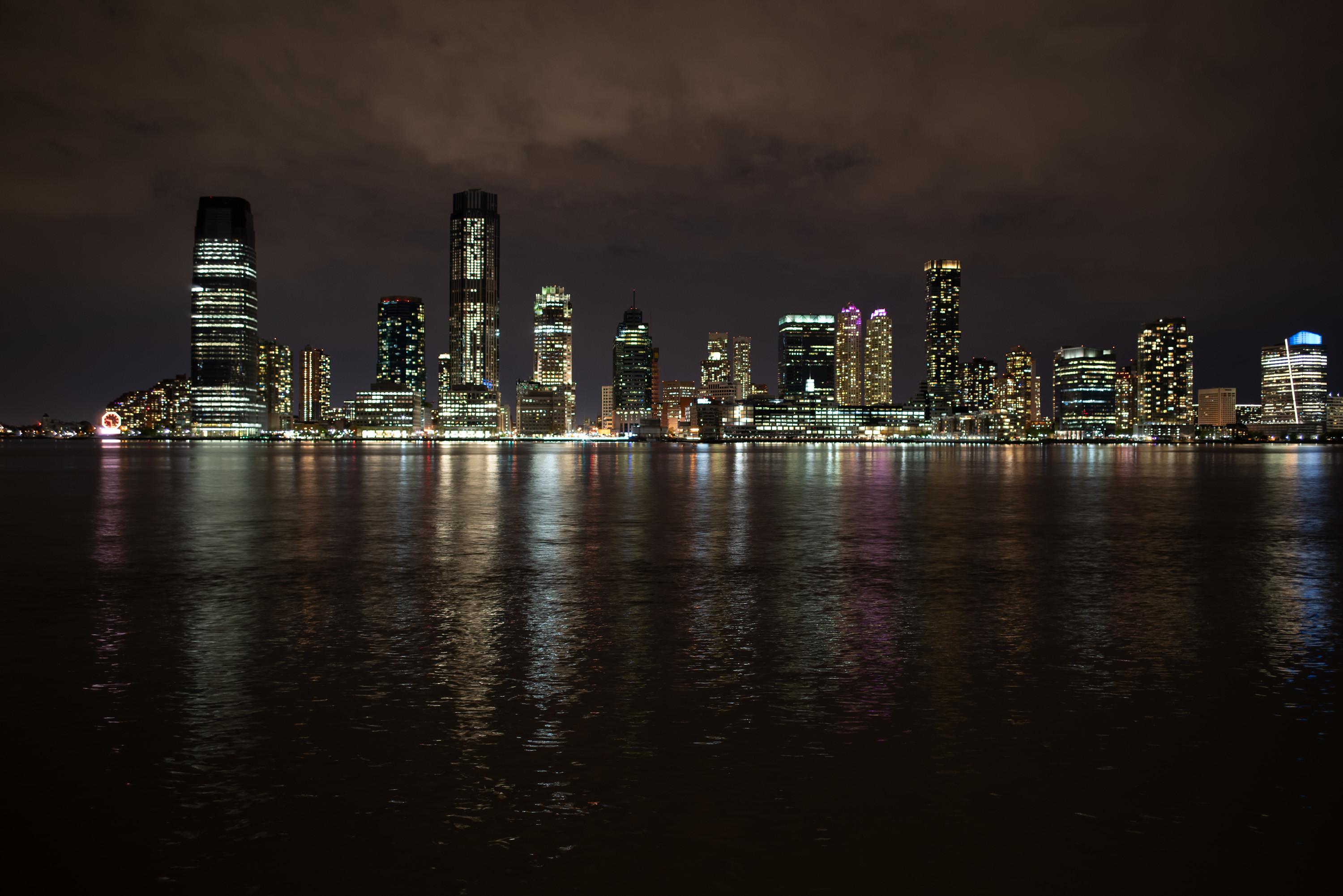 wallpaper night city, buildings, architecture, water, lights HD