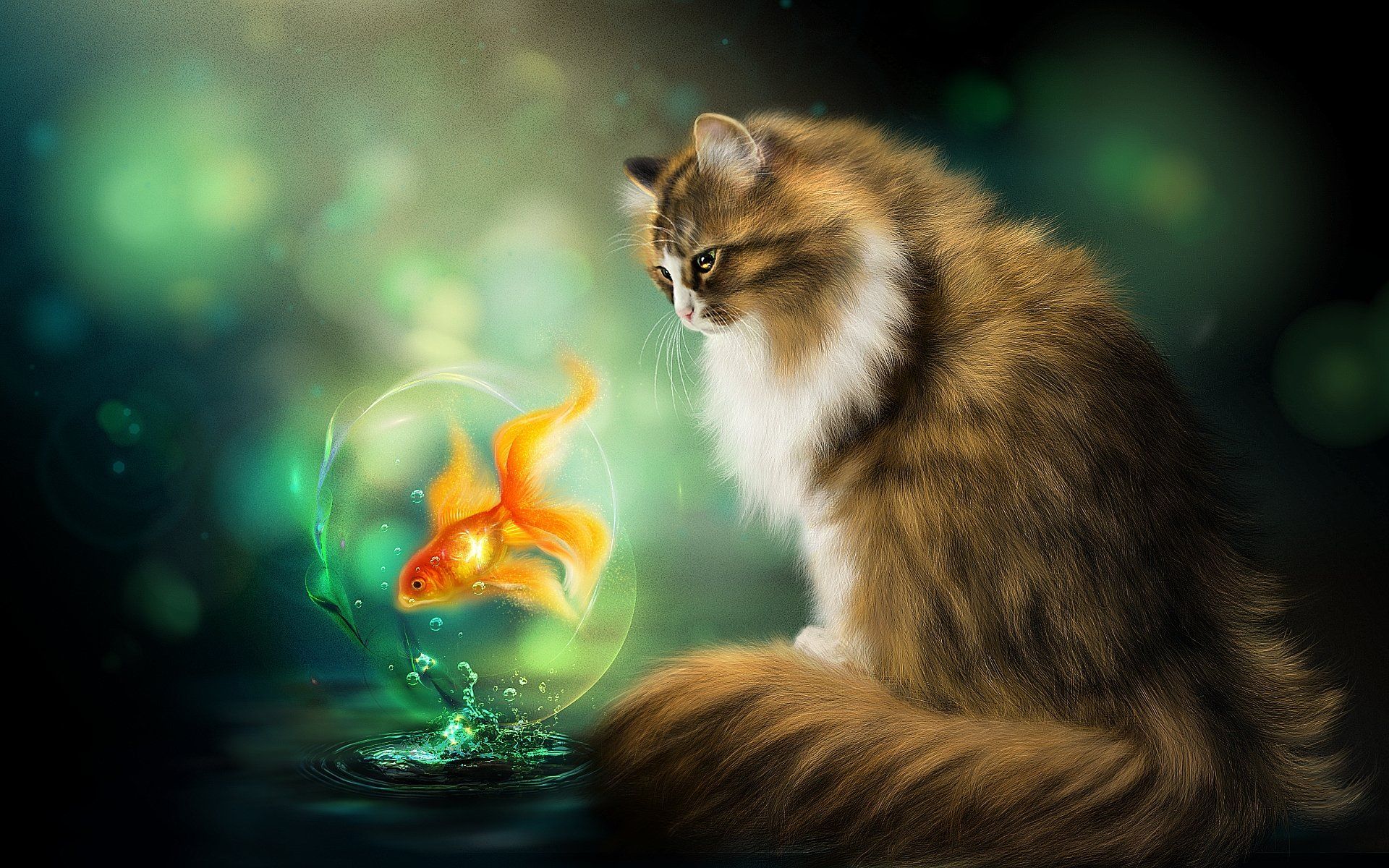 cats, Fish, Painting, Art, Fantasy, Animals, Wallpaper Wallpaper