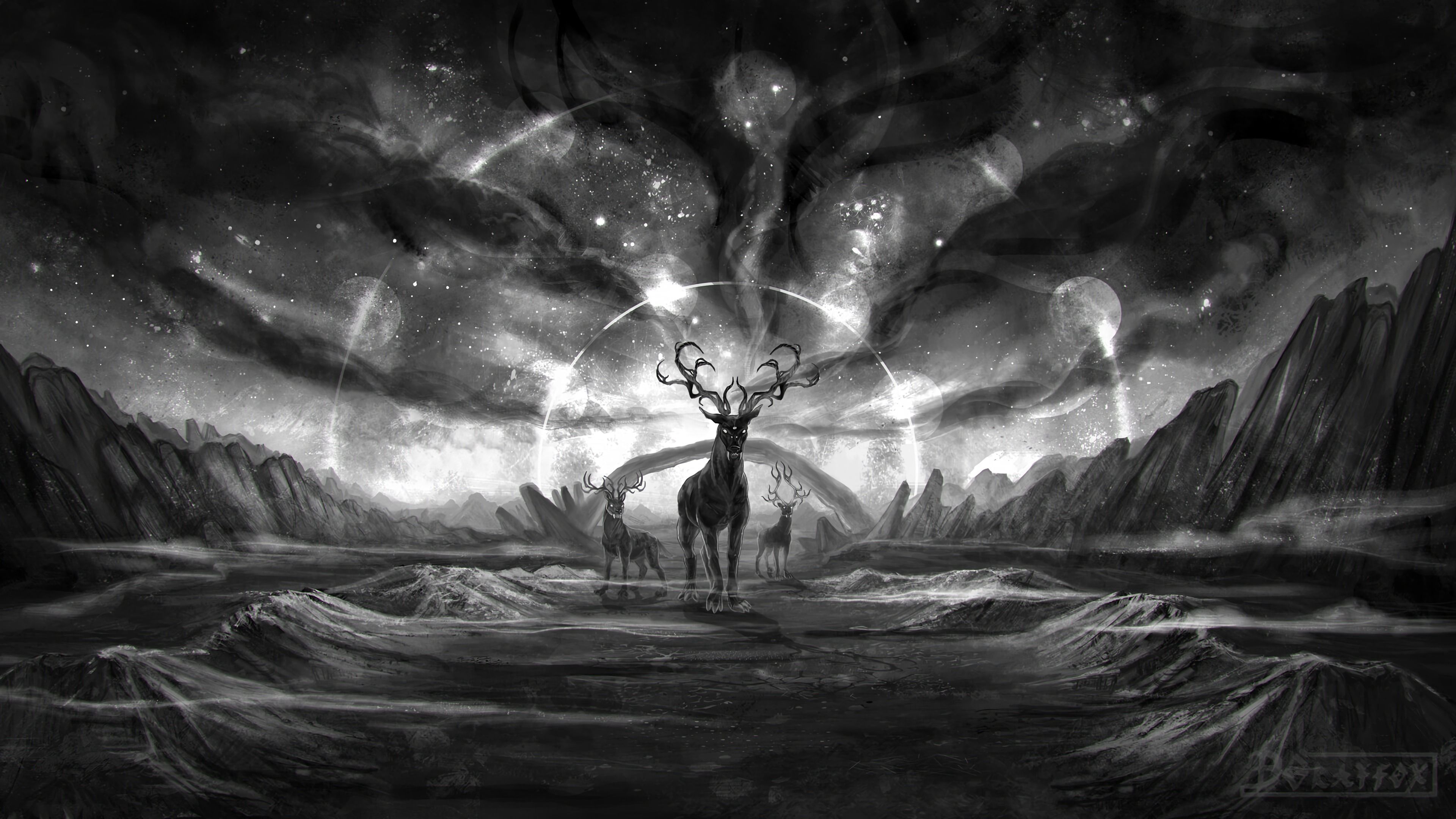 Download wallpaper 3840x2160 creatures, fantasy, art, bw, animals