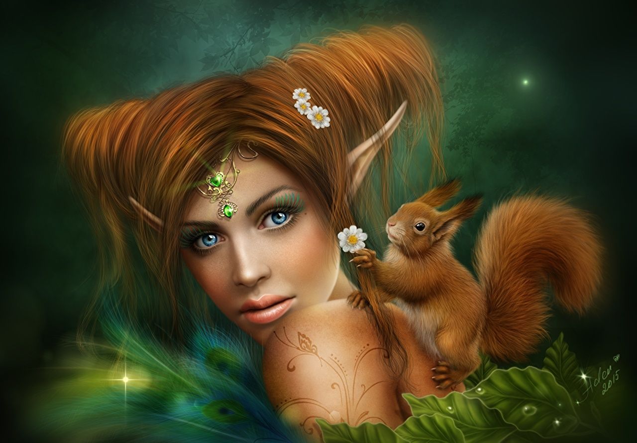Desktop Wallpaper Squirrels Elf Brown haired female Fantasy Animals