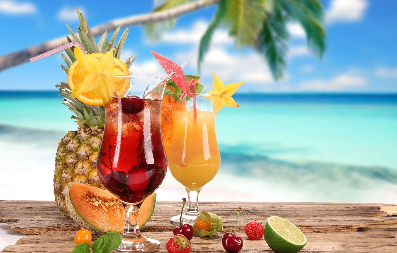 Wallpaper summer, cocktail, summer, food, melon, cherry, strawberry, cocktail, lime, fruits, pineapple, glasses, coconut, cocktails image for desktop, section еда