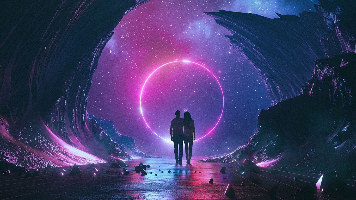 Download wallpaper 1366x768 couple, starry sky, art, space, hugs