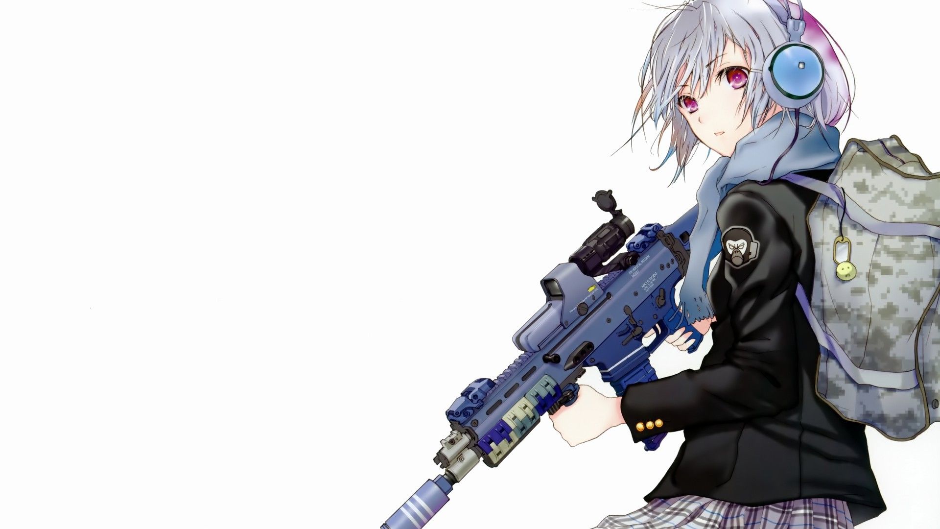 anime, Military, Headphones, Backpacks, School Uniform, White Hair