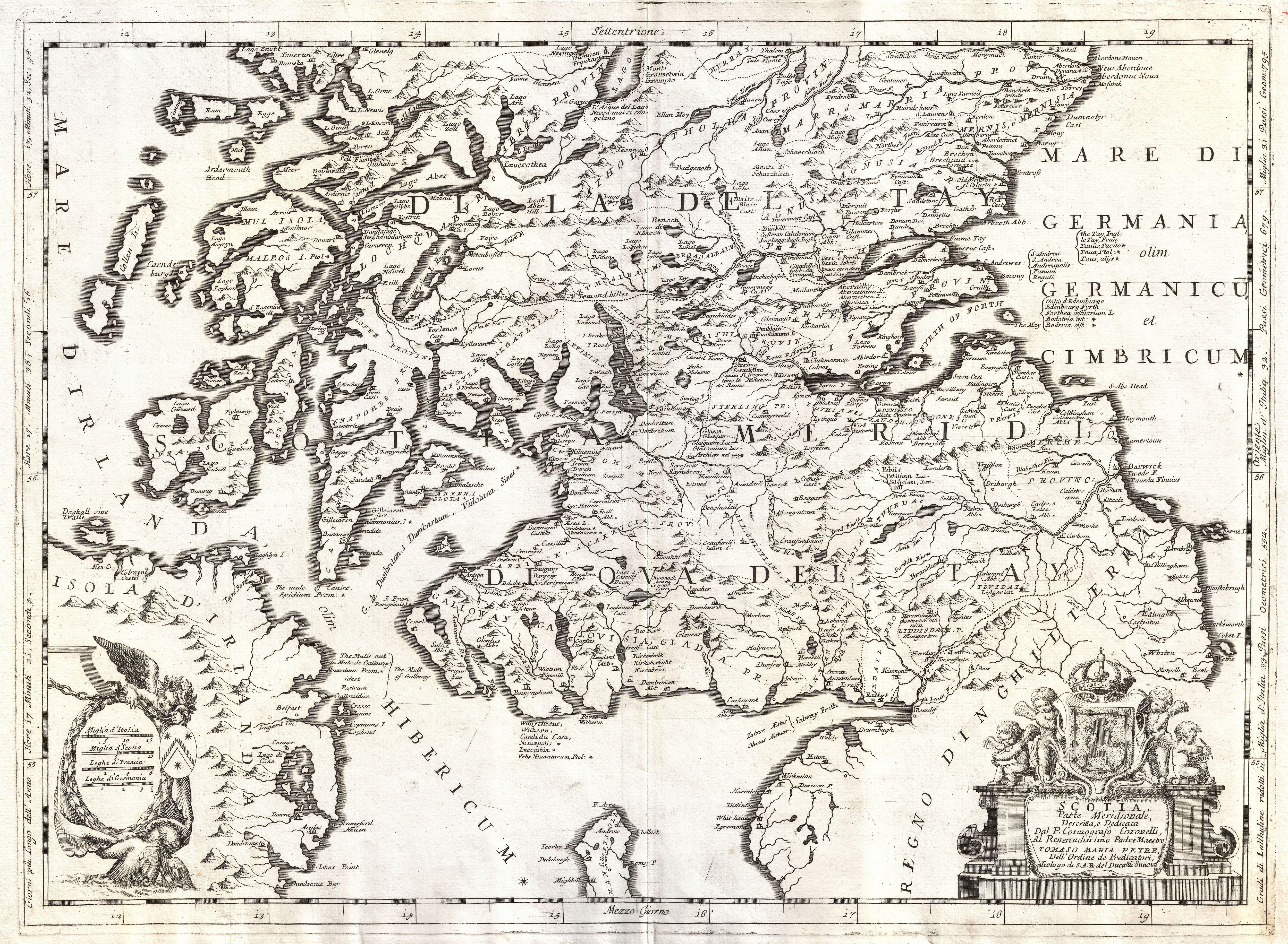 Vincenzo Maria Coronelli's 1690 map of southern Scotland. Map, Map wallpaper, Vintage maps