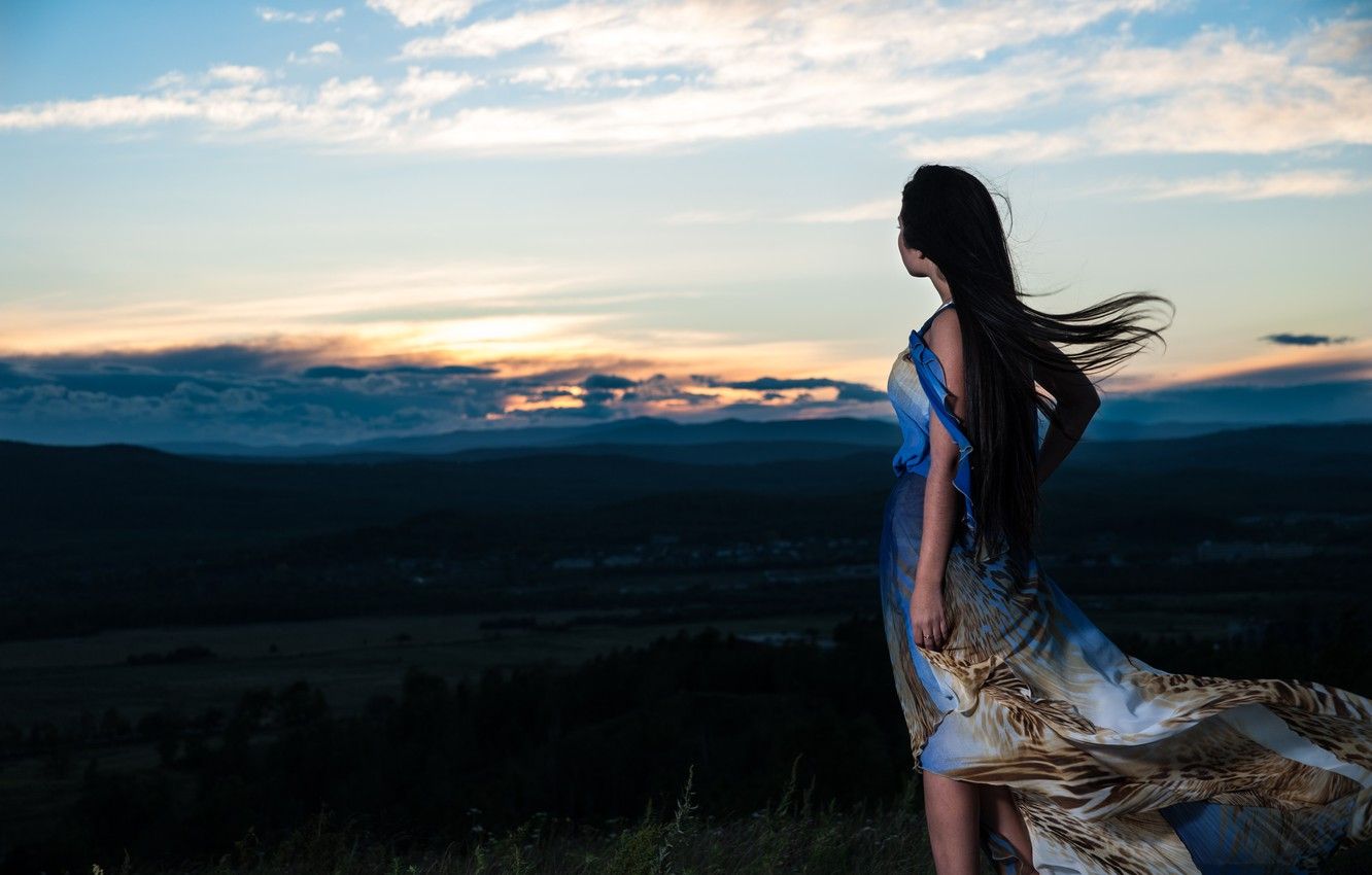 Wallpaper sunset, mountains, the wind, Girl, the evening, mood