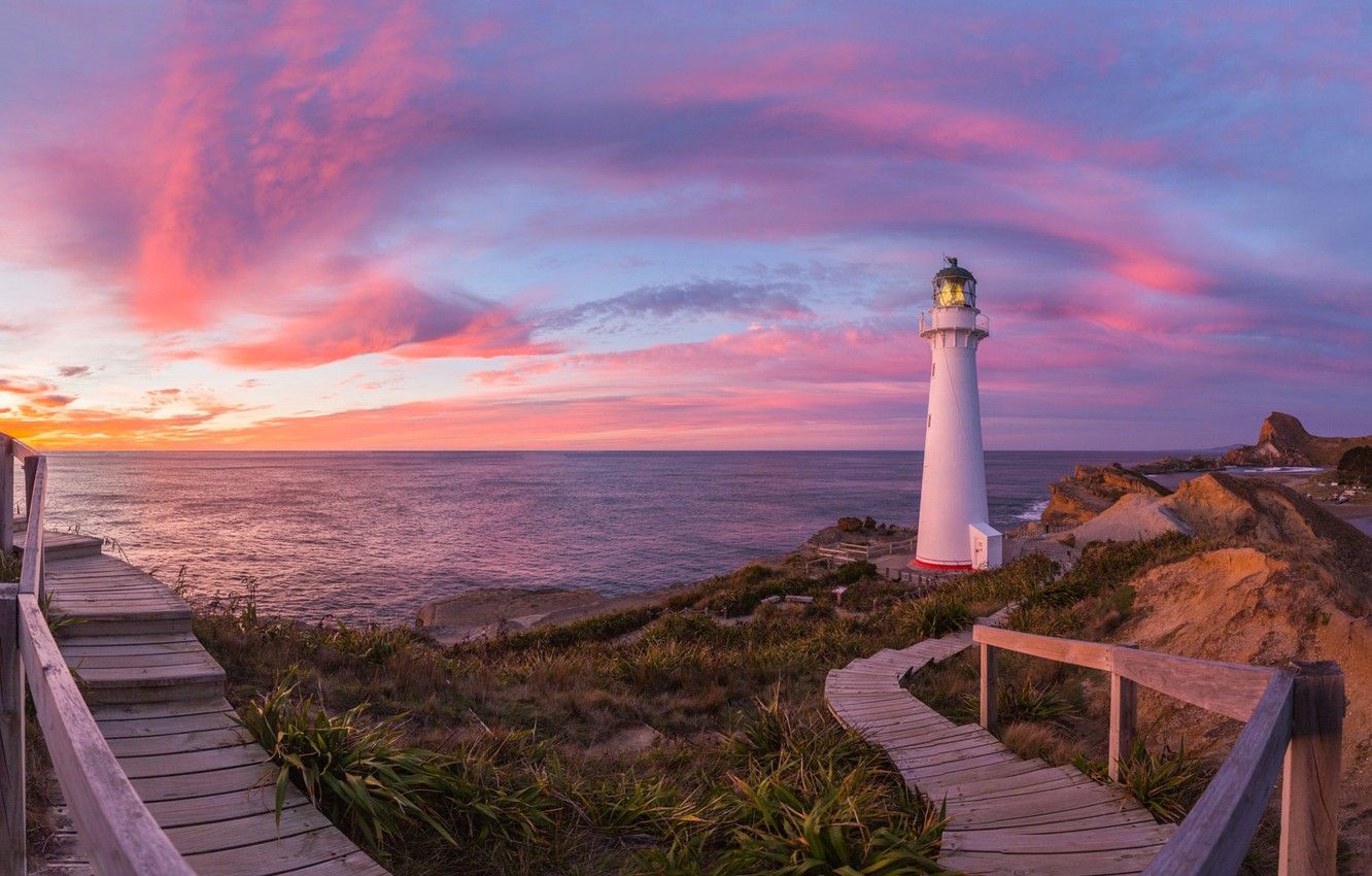 Wallpaper sea, clouds, sunset, the ocean, lighthouse, the evening