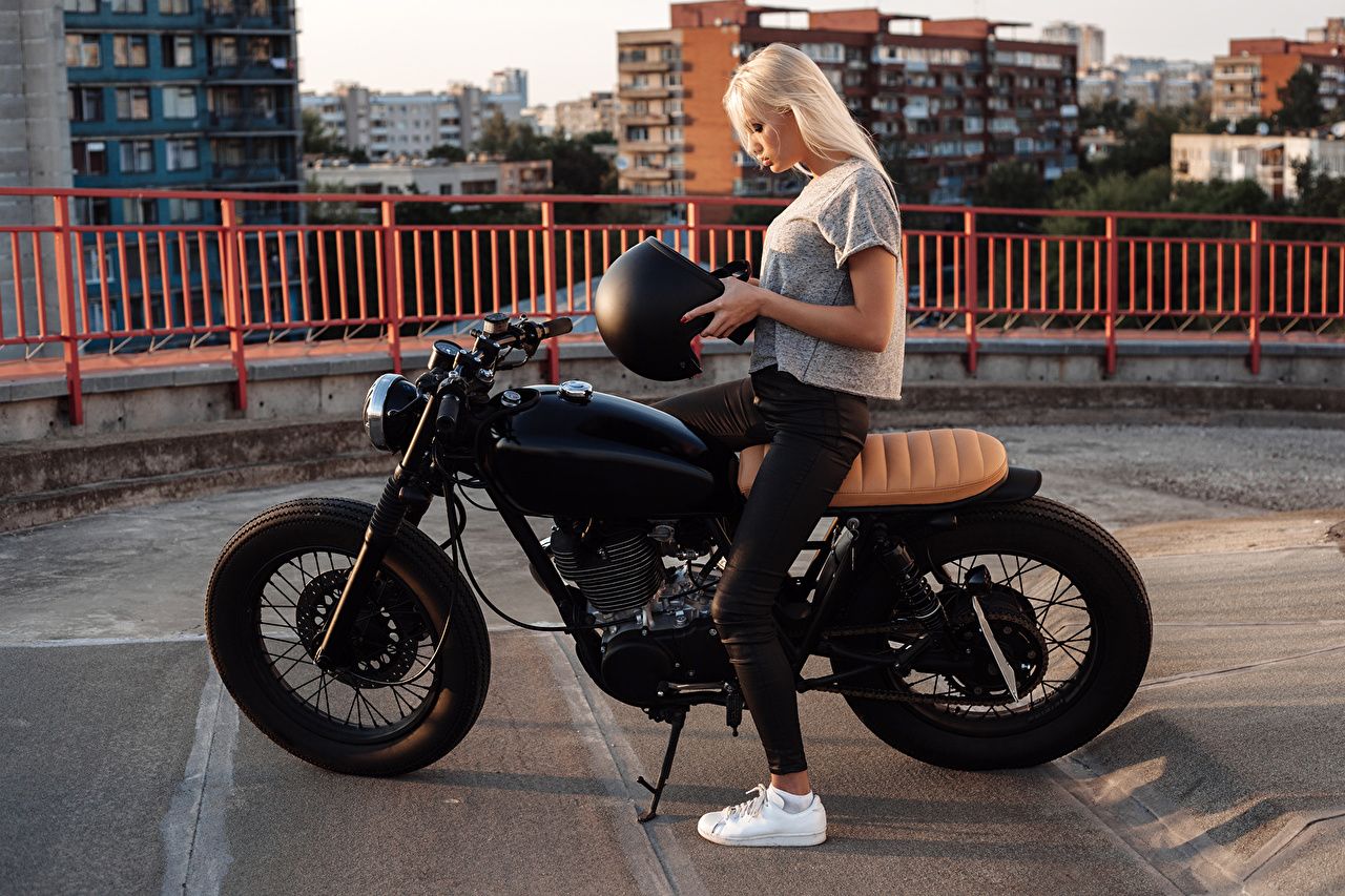 Desktop Wallpaper Blonde girl Helmet Motorcycles young woman