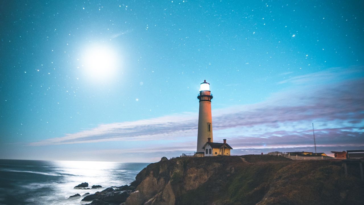 Wallpaper Lighthouse, Starry sky, Ocean, Beach, Moon, 4K