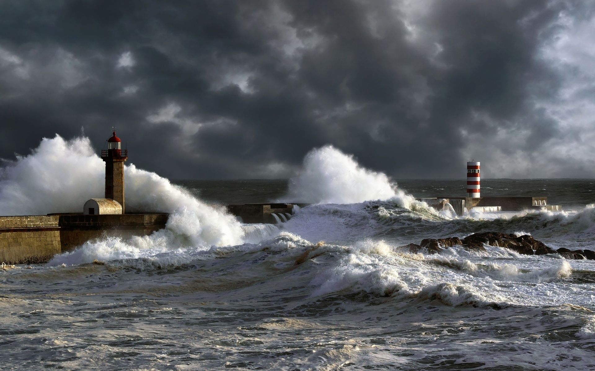sea, Lighthouse, Storm, Landscape, Ocean, Waves Wallpaper HD
