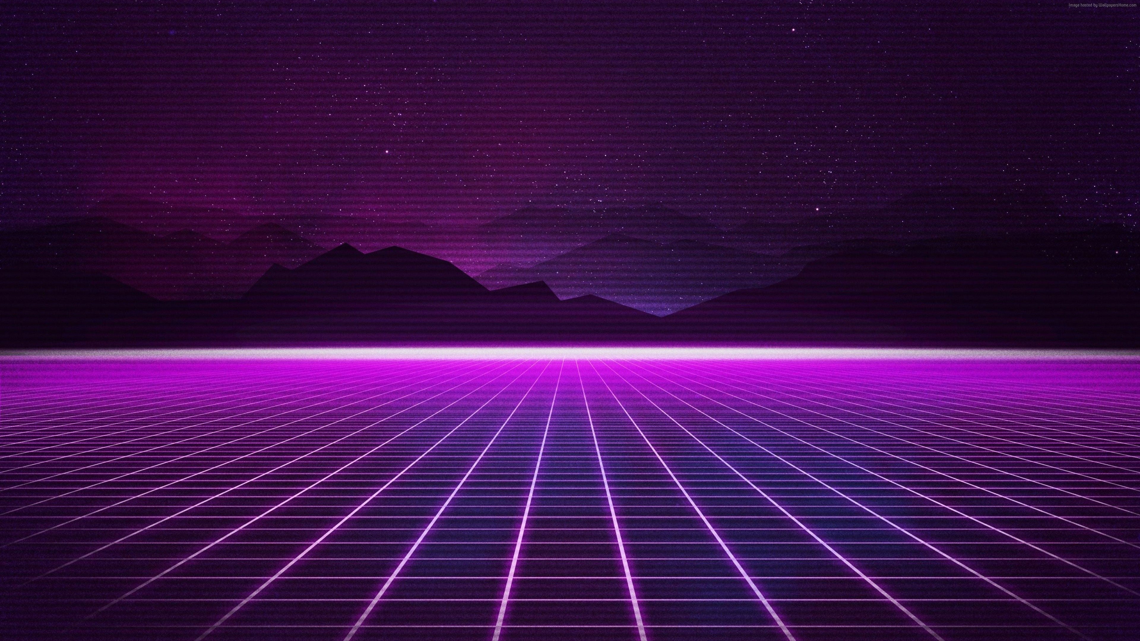 Neon, Synthwave, Retrowave, Grid, Mountains, Purple, Wave