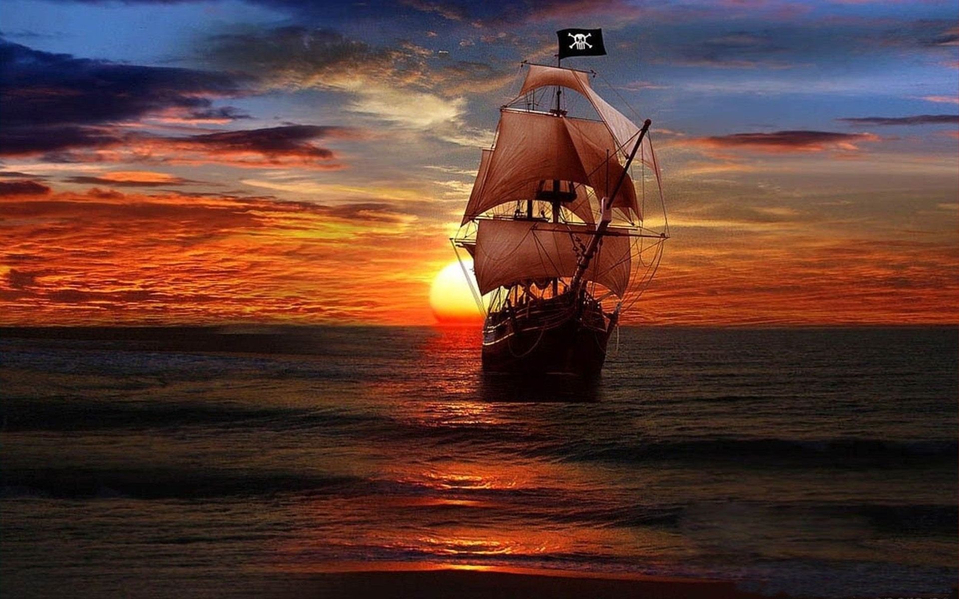 Sunset and Pirate Ship Fantasy art Desktop Wallpaper HD 1920x1200