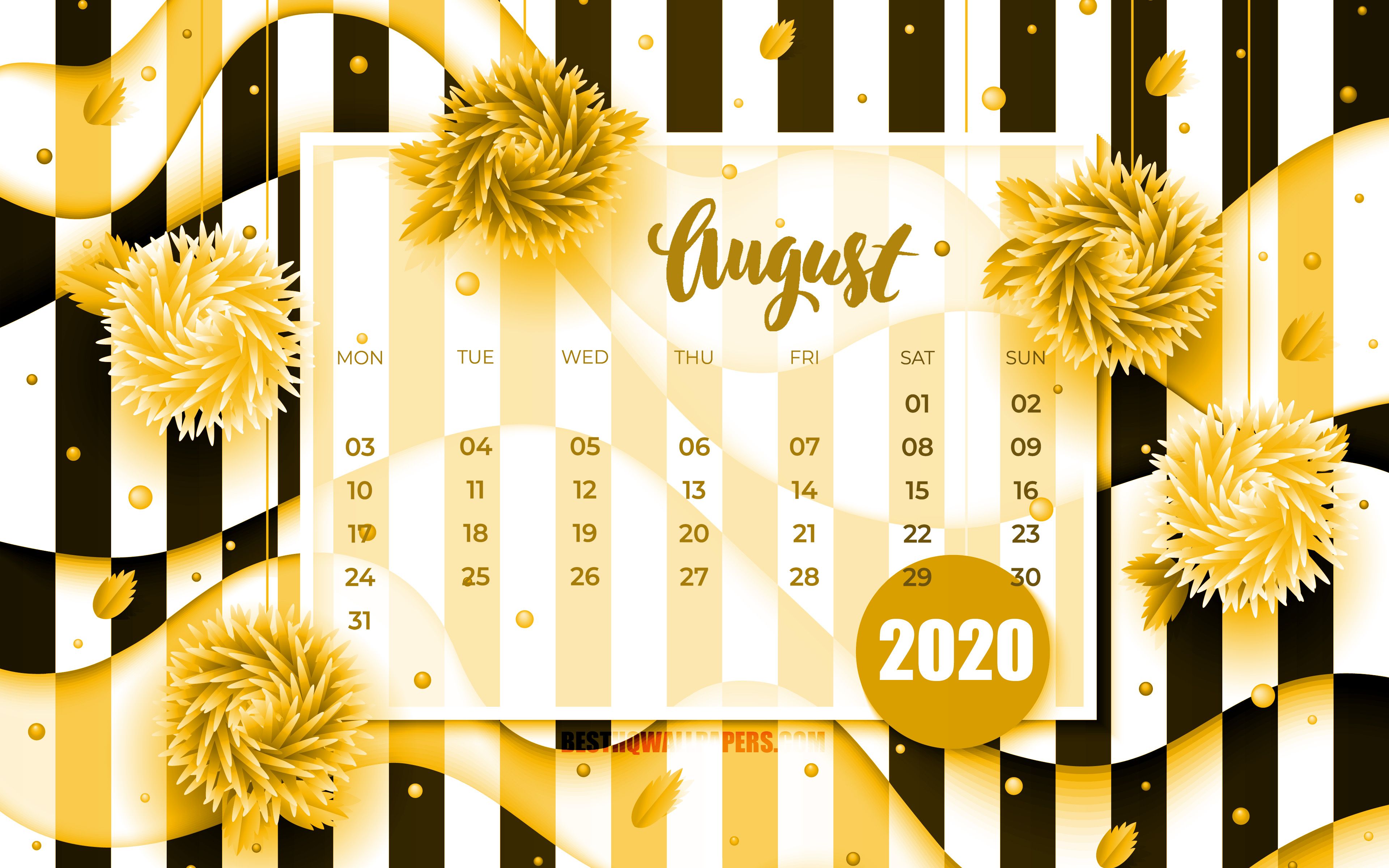 Download wallpaper August 2020 Calendar, 4k, yellow 3D flowers