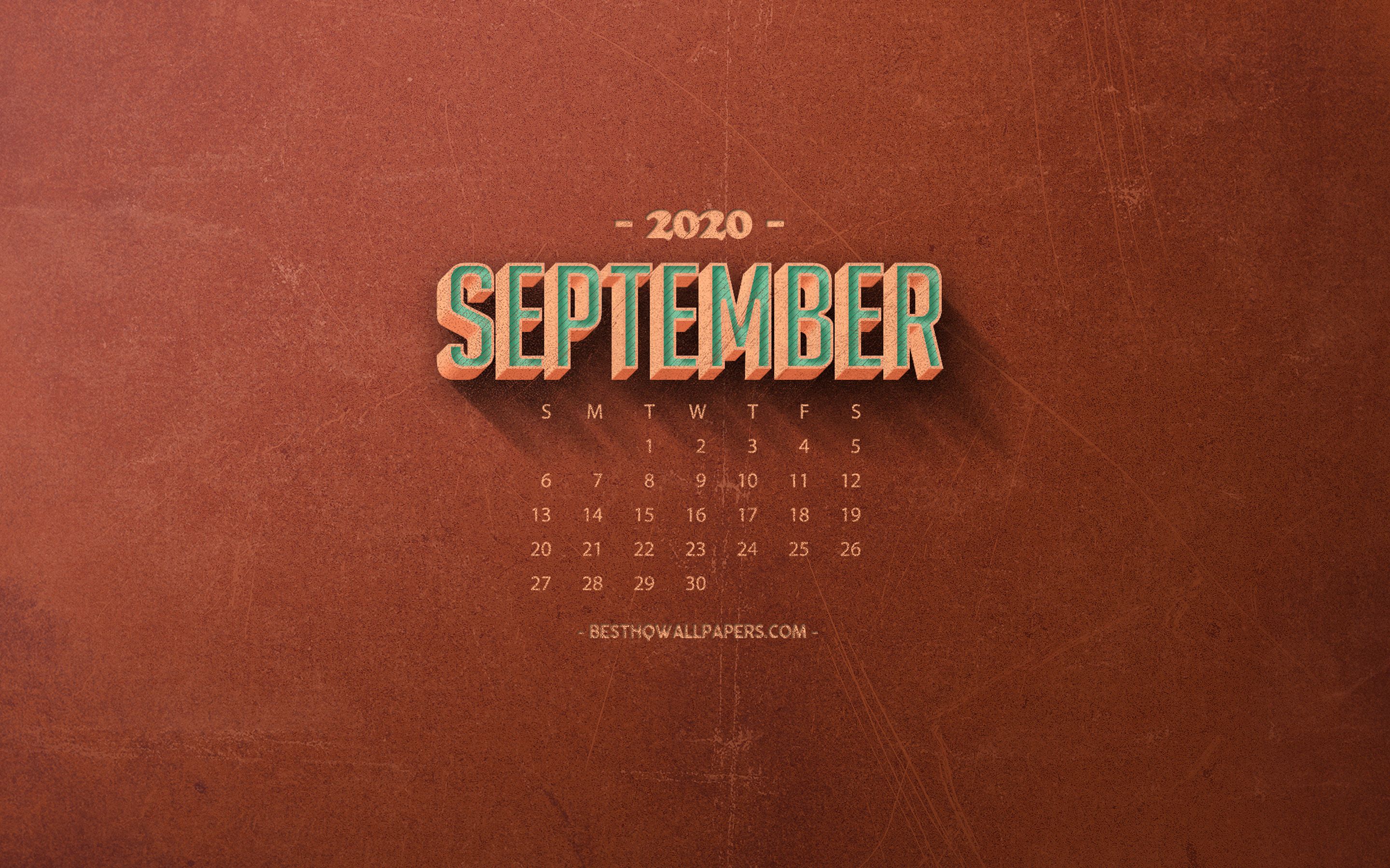Download wallpaper 2020 September Calendar, orange retro