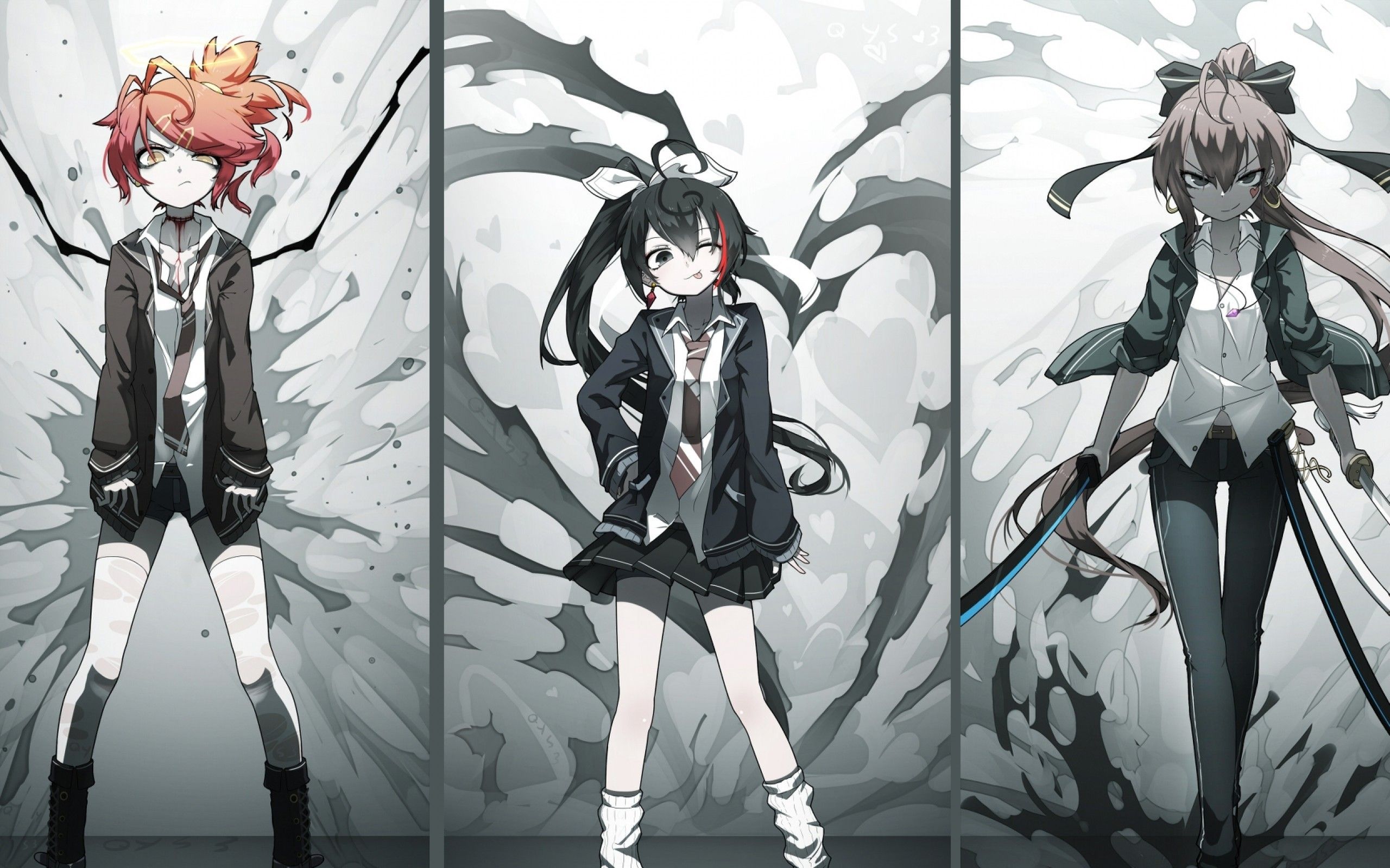 Download 2560x1600 Anime Girls, Fighters, Swords, School Uniform