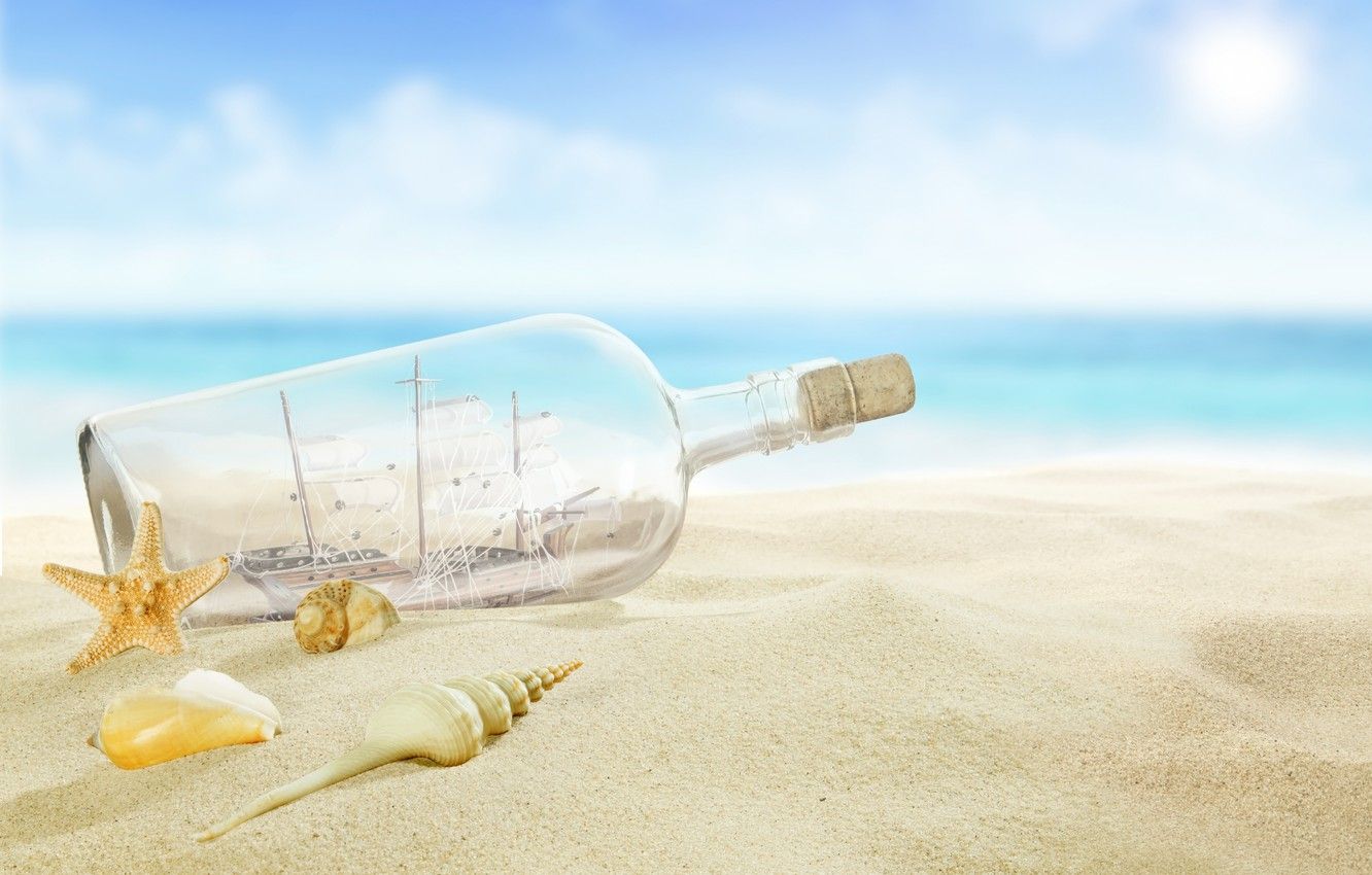 Wallpaper beach, sea, sun, sand, letter, bottle, seashells image for desktop, section природа