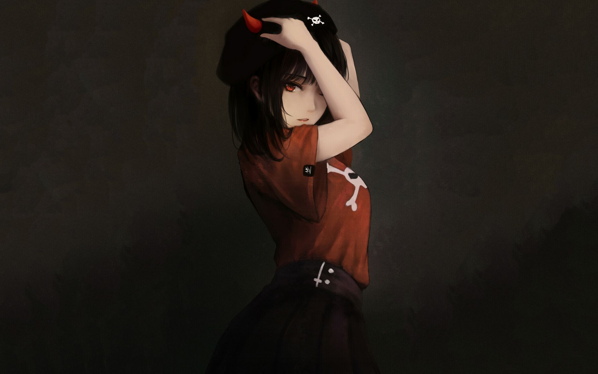 Download Red horns, devil, anime girl, artwork wallpaper
