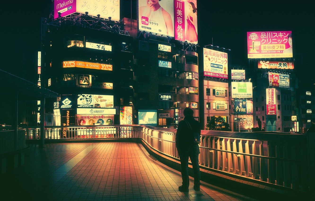 Wallpaper Night, The city, People, Light, Rain, Advertising, Tokyo