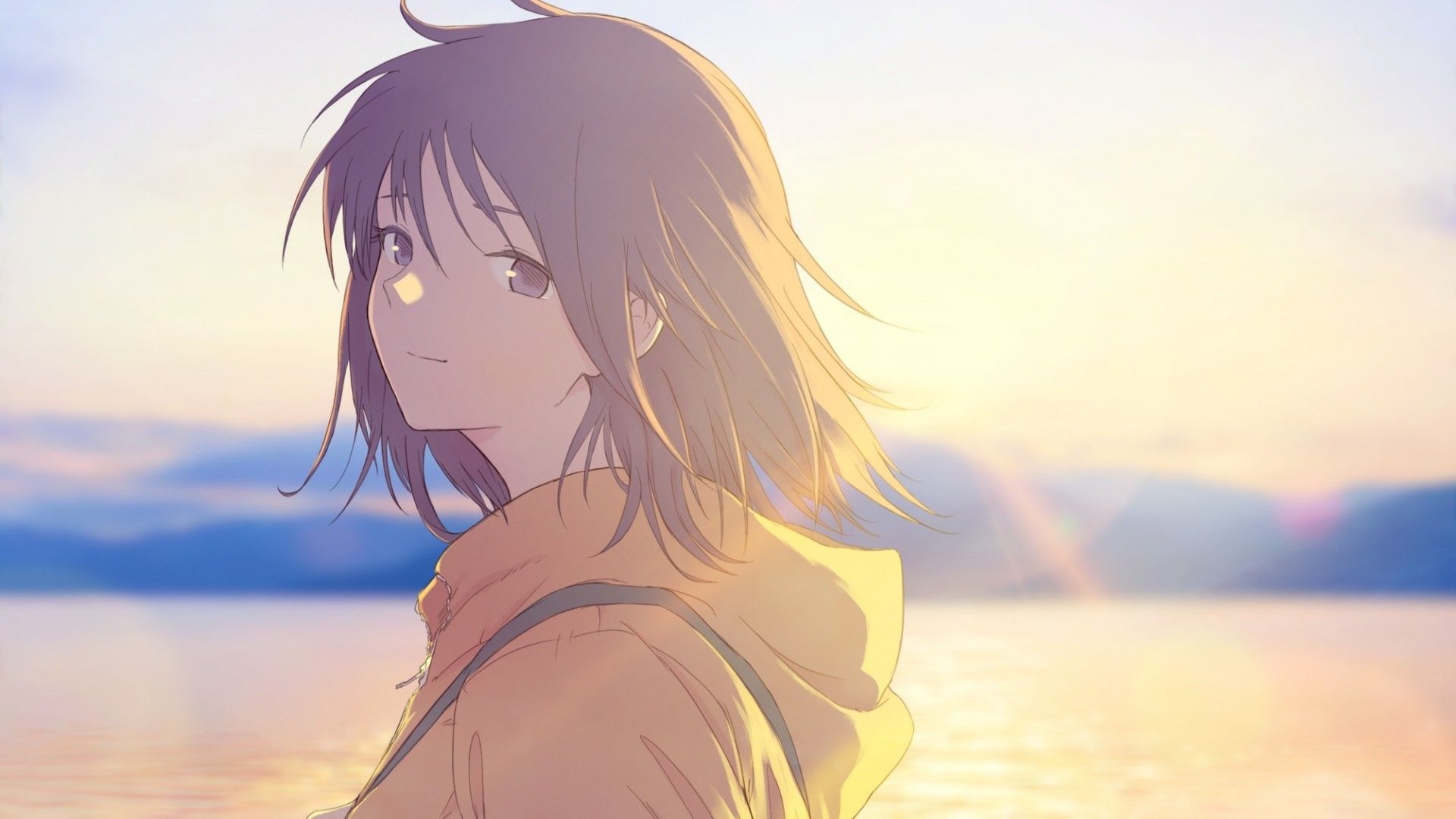 Download 1920x1080 Anime Girl, Profile View, Sunlight, Sea, Beach, Walking, Hoodie Wallpaper for Widescreen