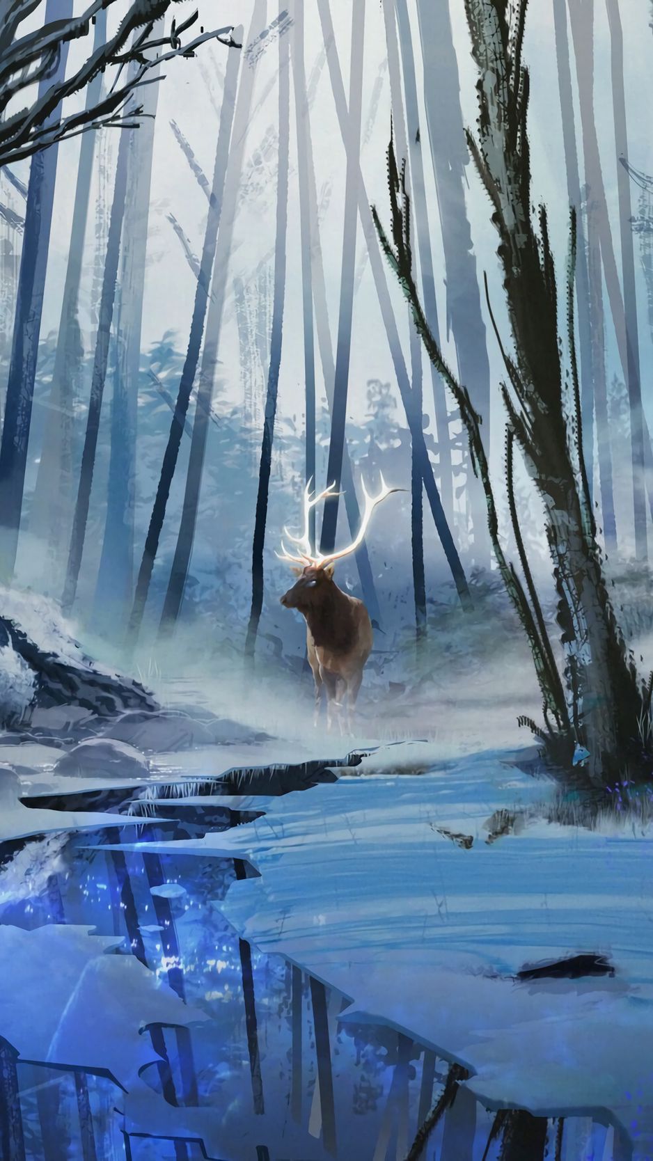 Download wallpaper 938x1668 deer, art, forest, river, winter