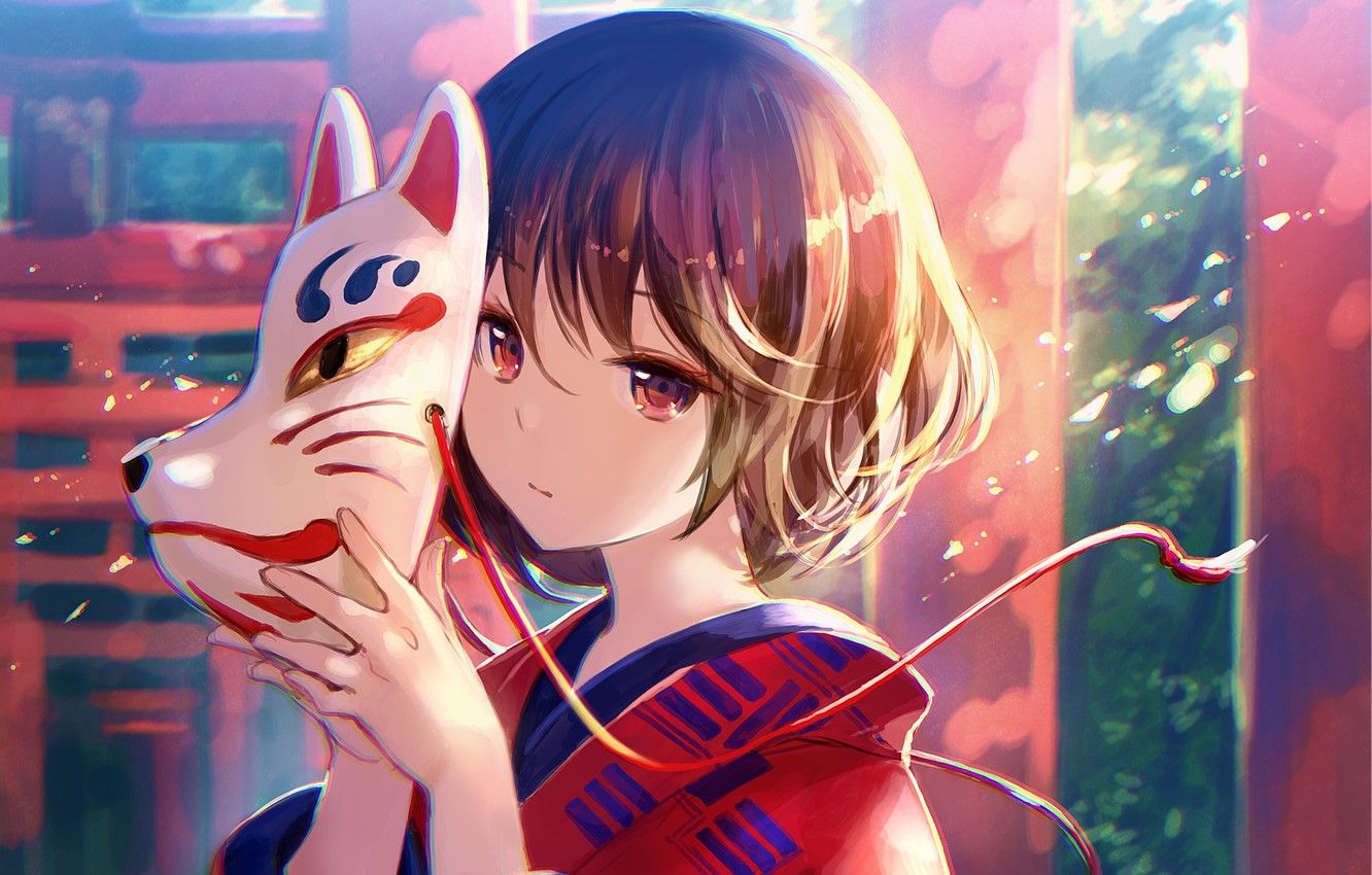 Wallpaper girl, mask, kimono, anime, art image for desktop, section сёдзё