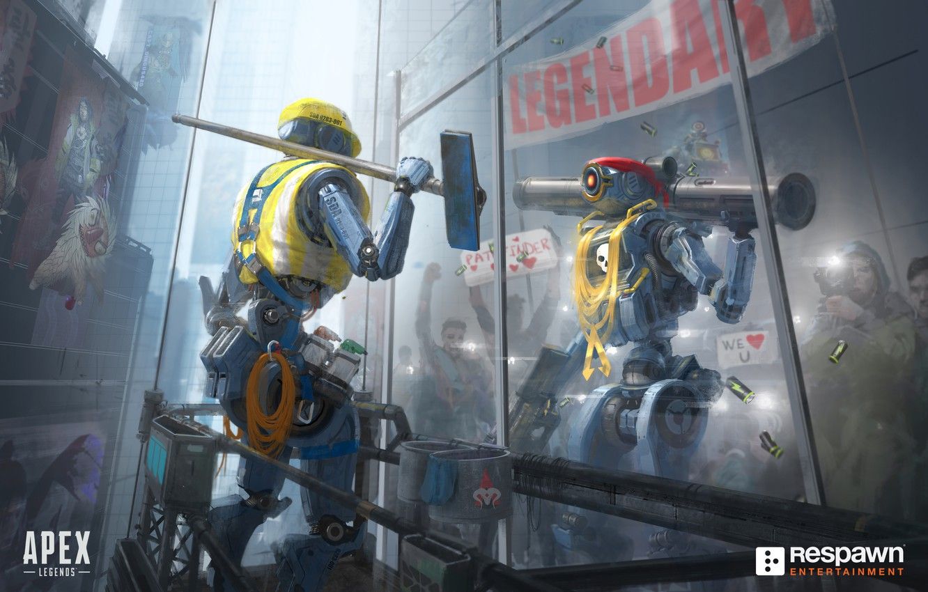 Wallpaper reflection, robot, art, pathfinder, apex legends, MRVN