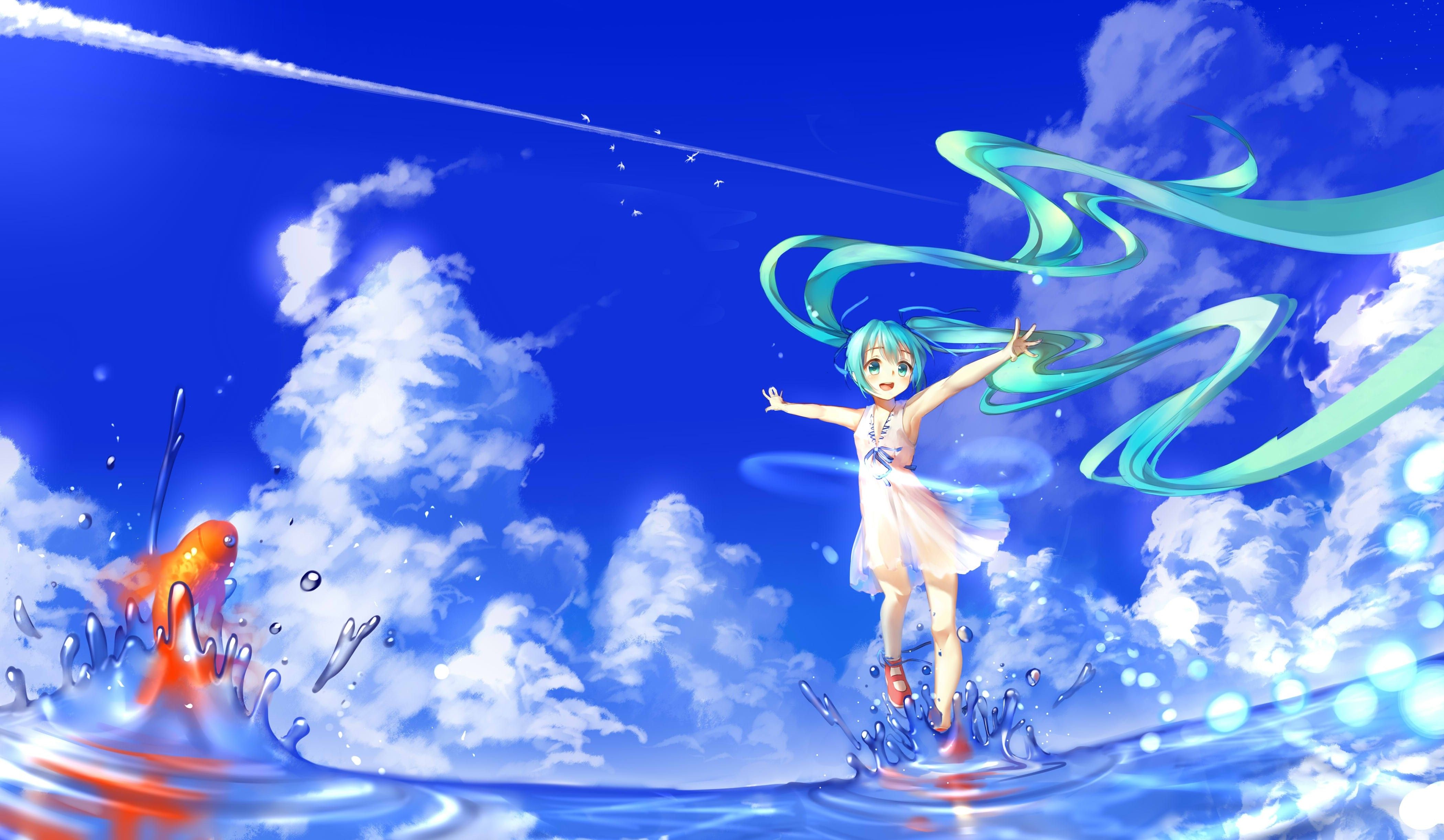 anime Girls, Vocaloid, Hatsune Miku, Twintails, Clouds, Sky, Water