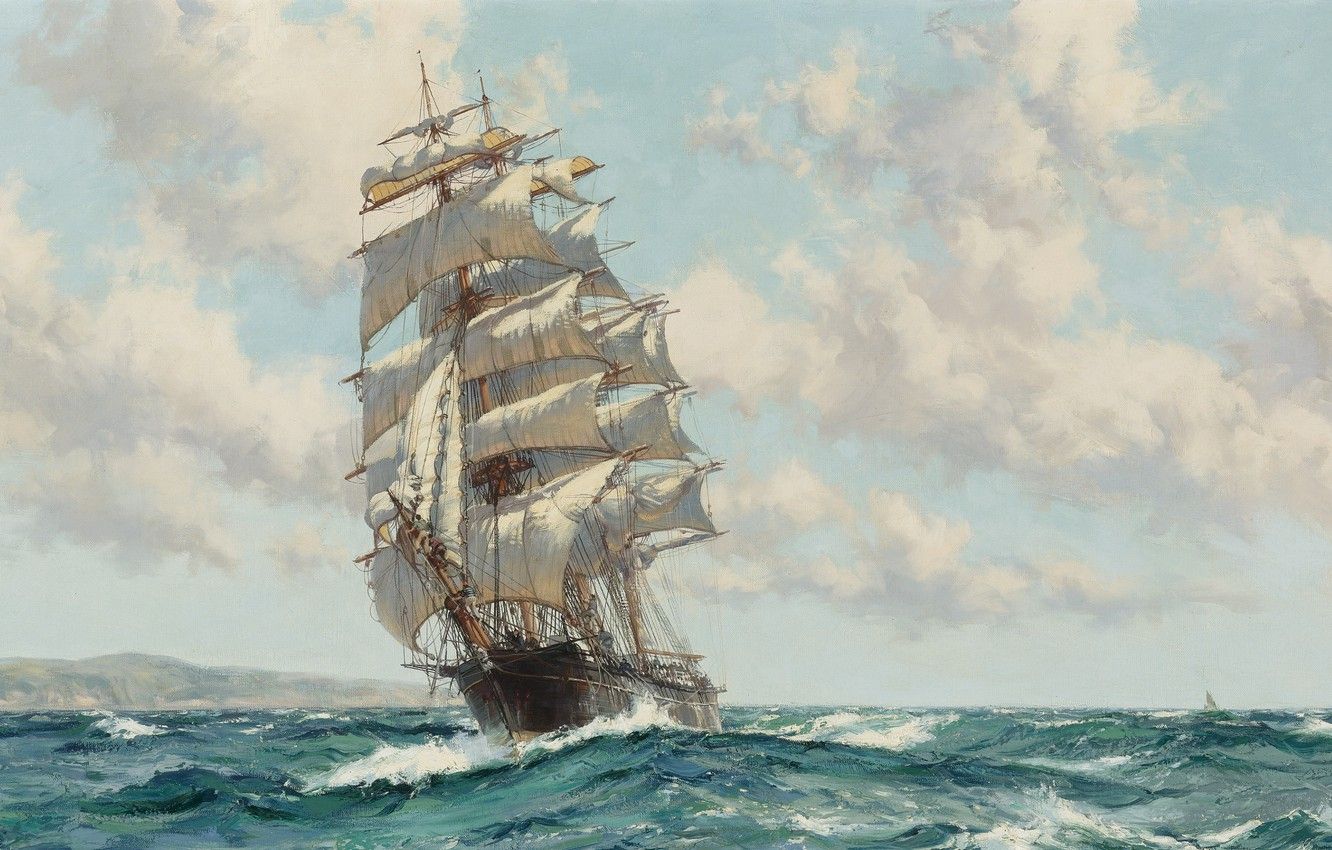 Wallpaper sea, wave, frigate, oil painting, sailing ship image