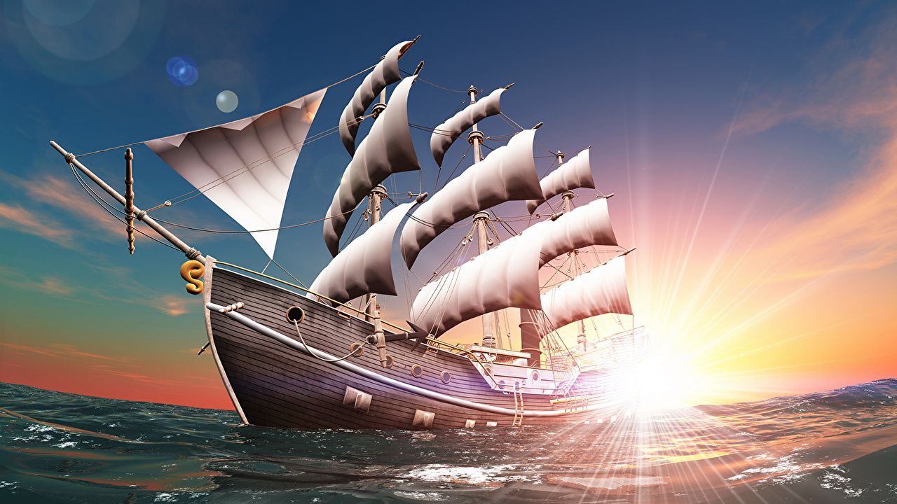 Desktop Wallpaper Rays of light Sea 3D Graphics Ships Sailing
