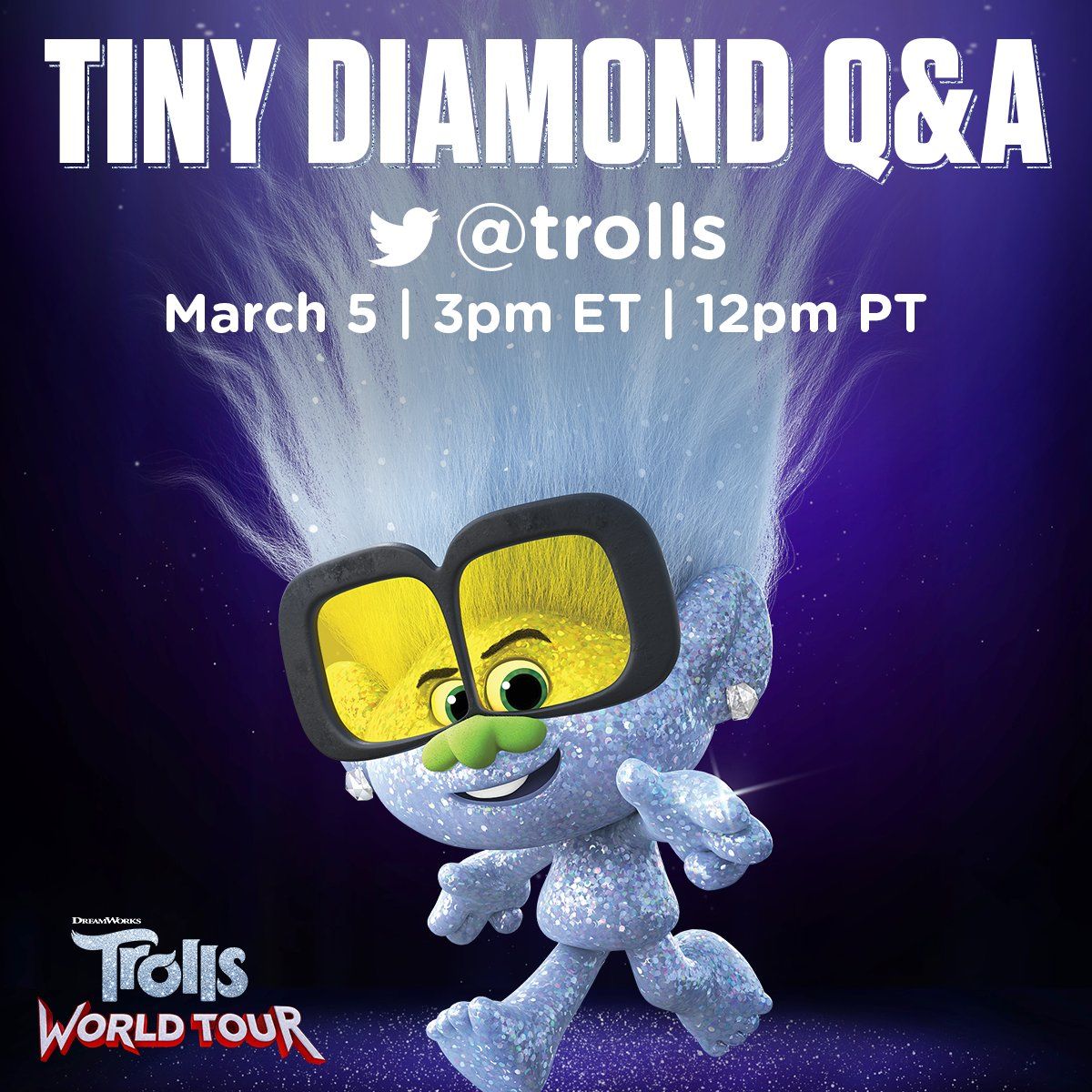 DreamWorks Animation's ready to meet Tiny Diamond? He'll be answering your questions tomorrow Twitter:. #TrollsWorldTour #AskTinyDiamond