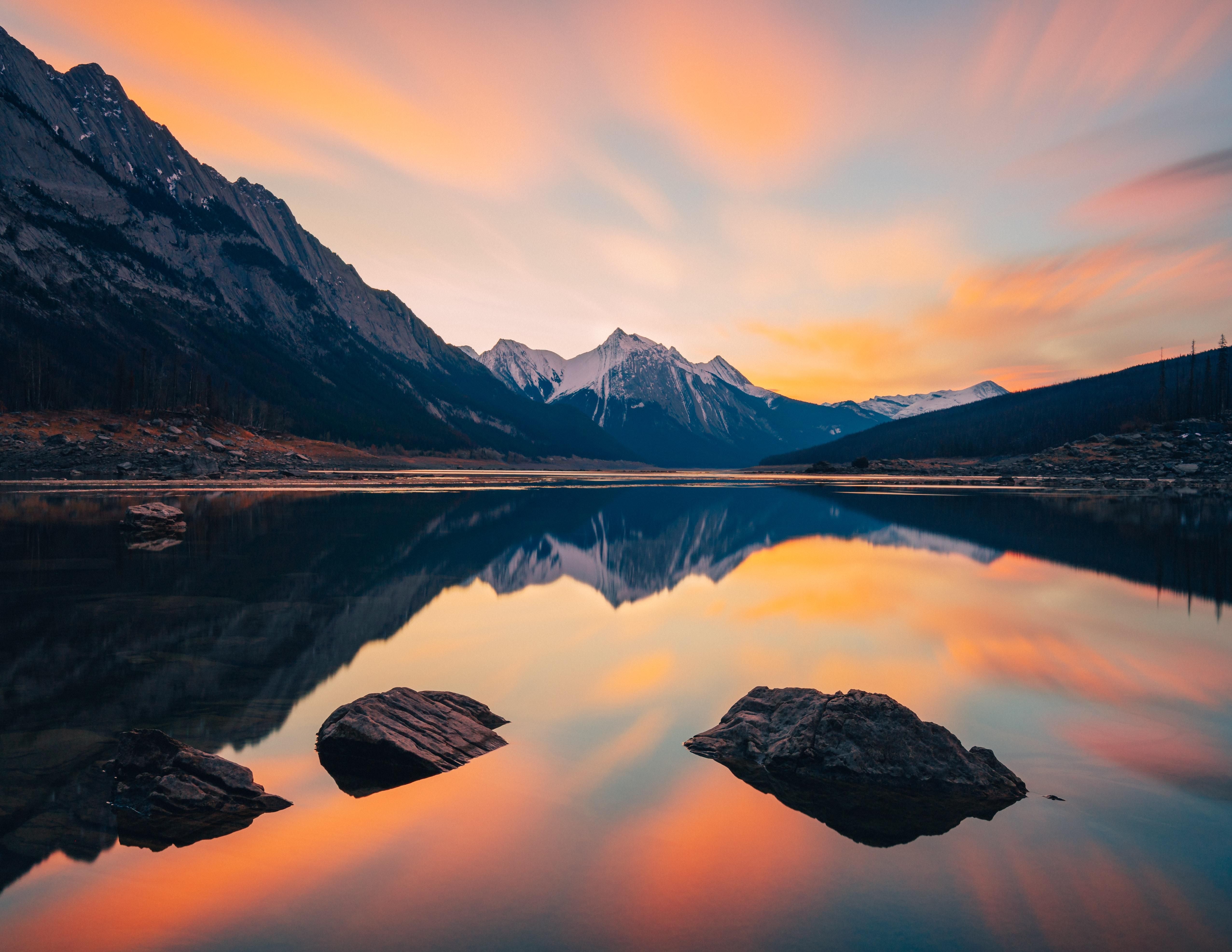 wallpaper mountains, lake, stones, snowy, sunset HD, Widescreen