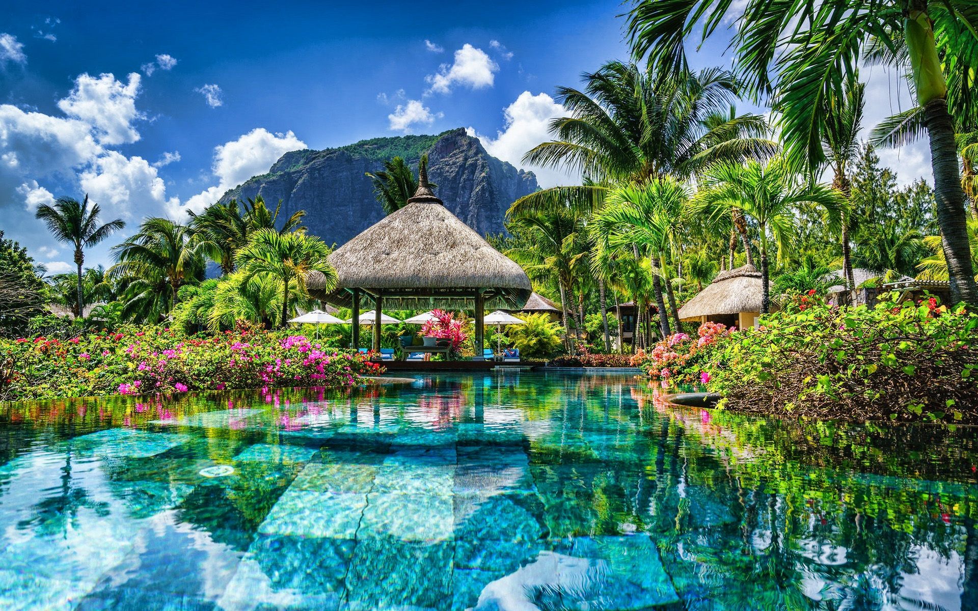 Download wallpaper Mauritius, resort, hotel, summer, blue pool