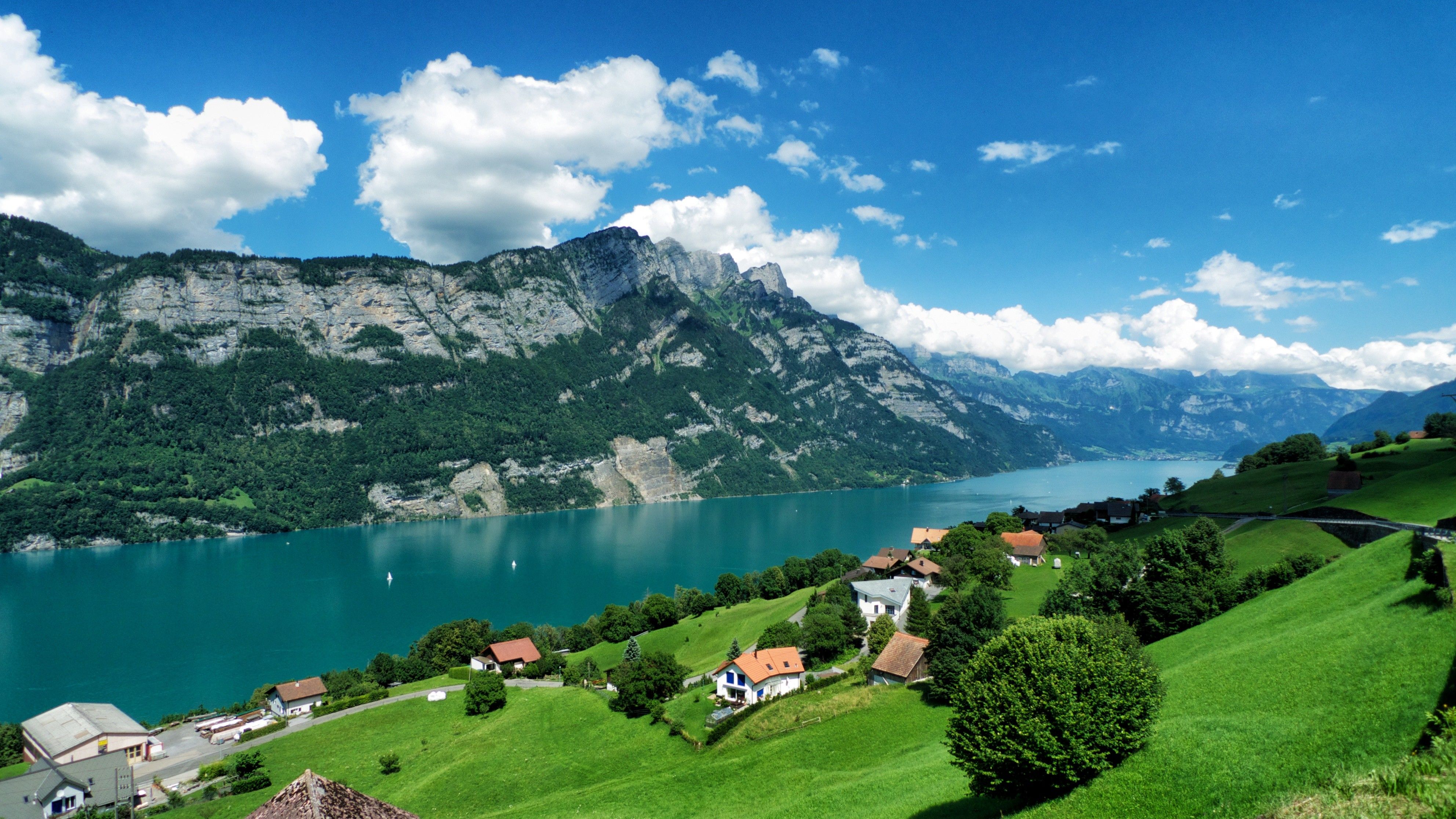 green, water, clouds, landscapes, nature, trees, white, grass