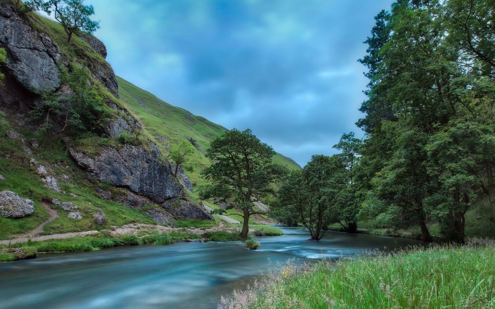 Summer river nature trees sky hills wallpaperx1050