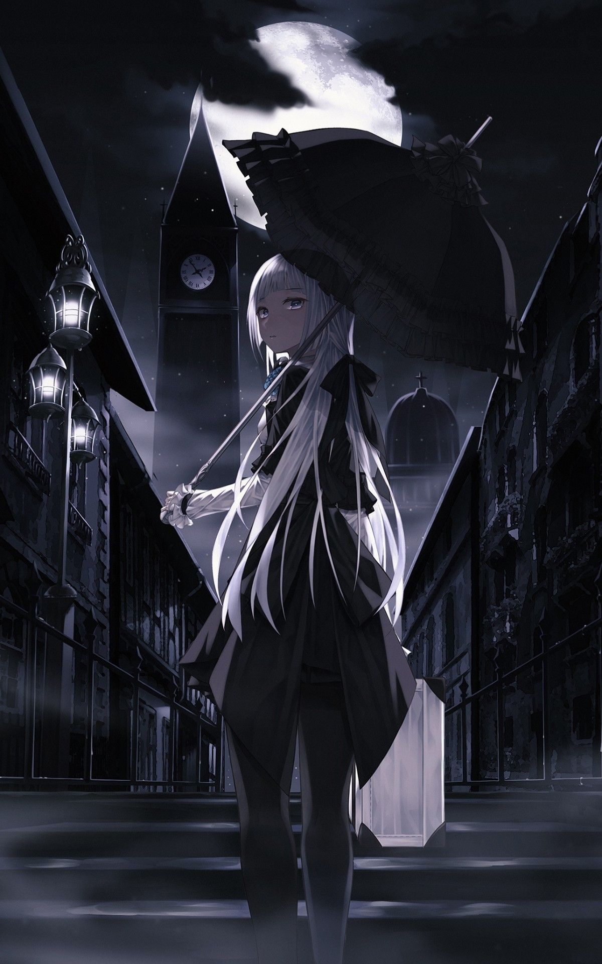 Download 1200x1920 Anime Girl, Umbrella, Dark, White Hair