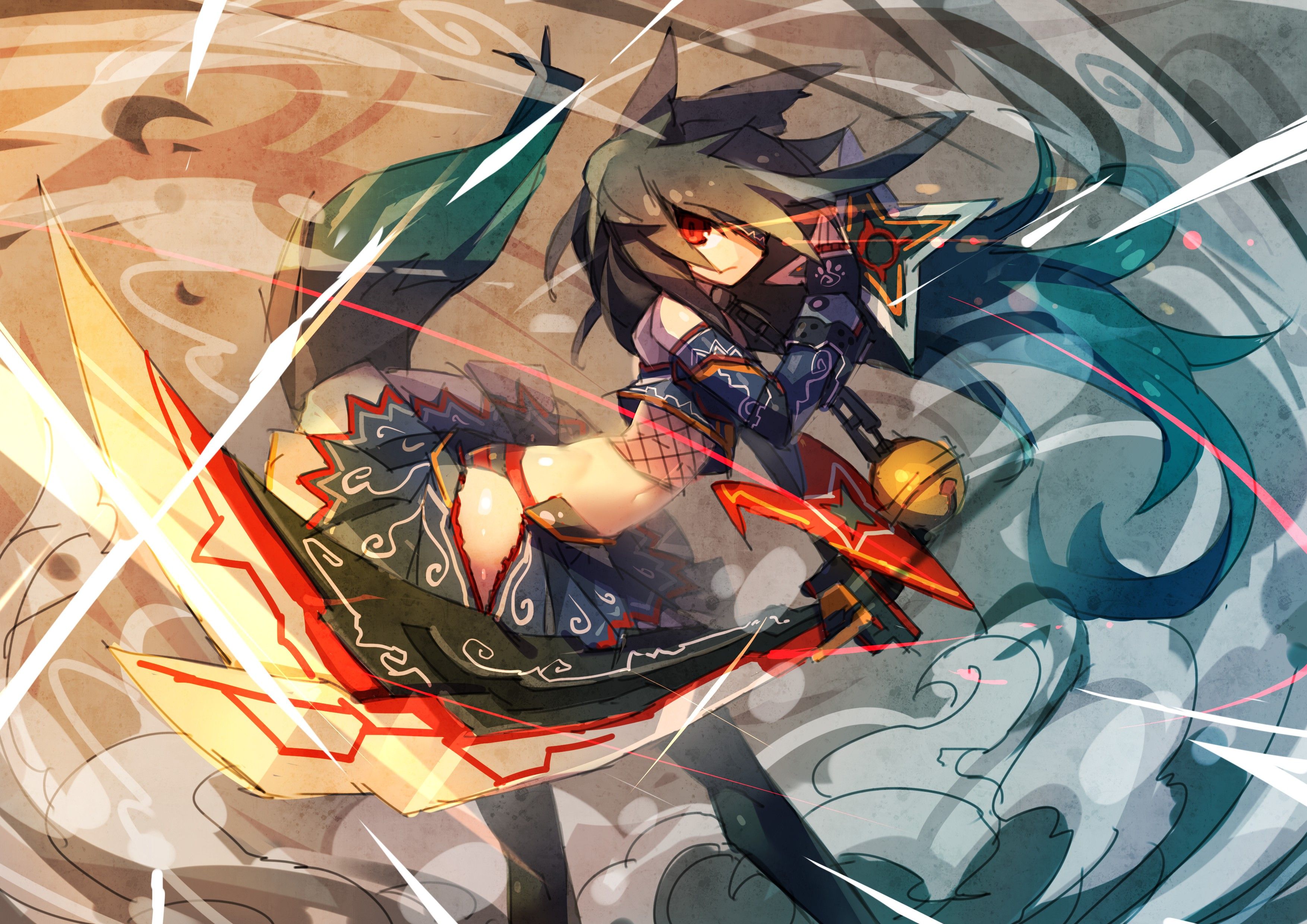 brunettes, tails, skirts, long hair, weapons, nekomimi, animal