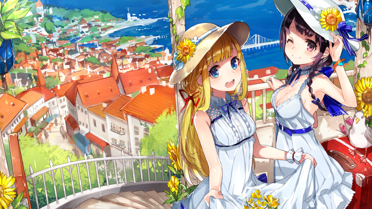 Download 1280x720 Anime Girls, Summer, City Landscape, Ocean
