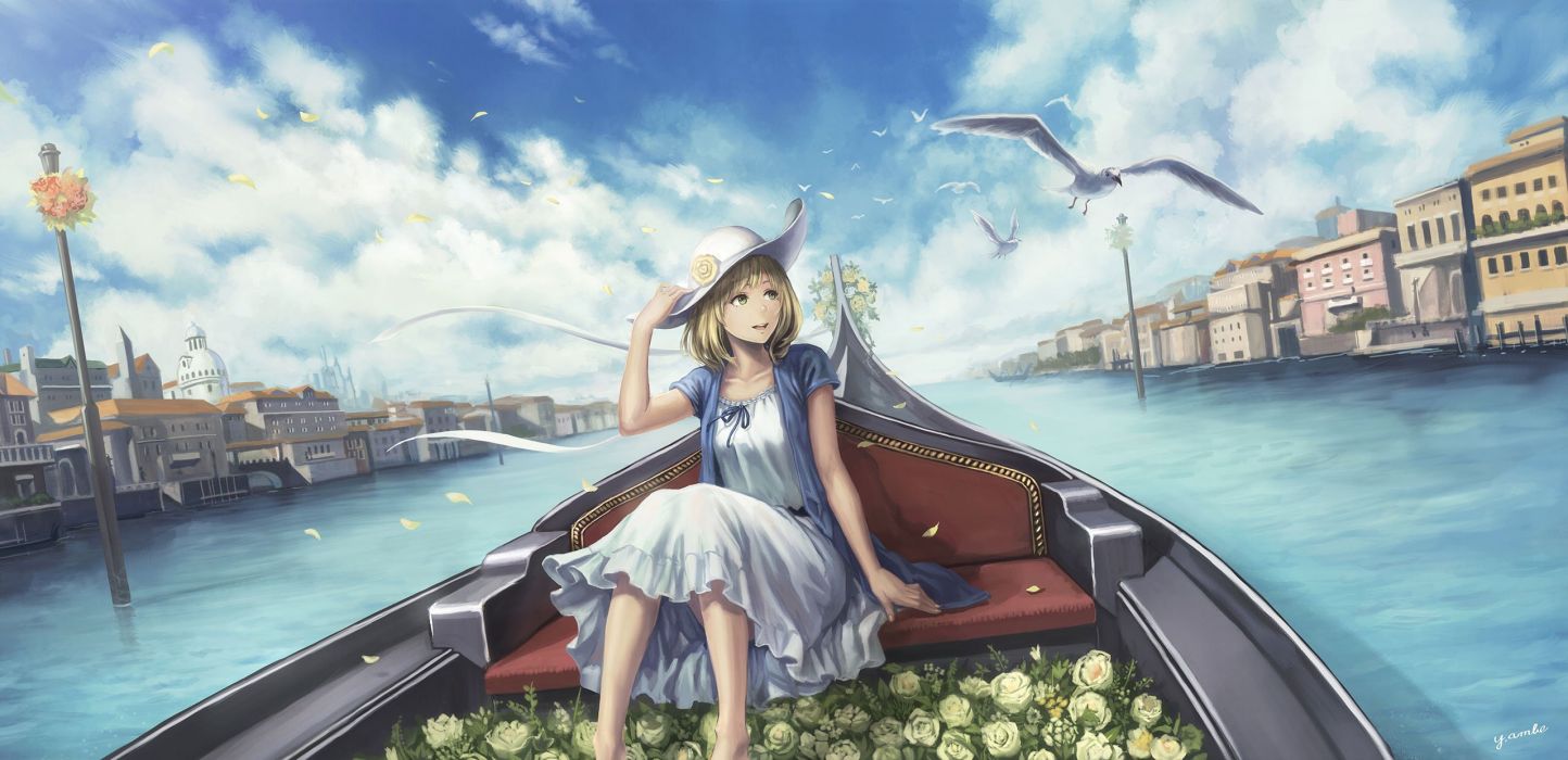 Anime girl beautiful flower rose sky bird city dress summer cloud wallpaperx1241