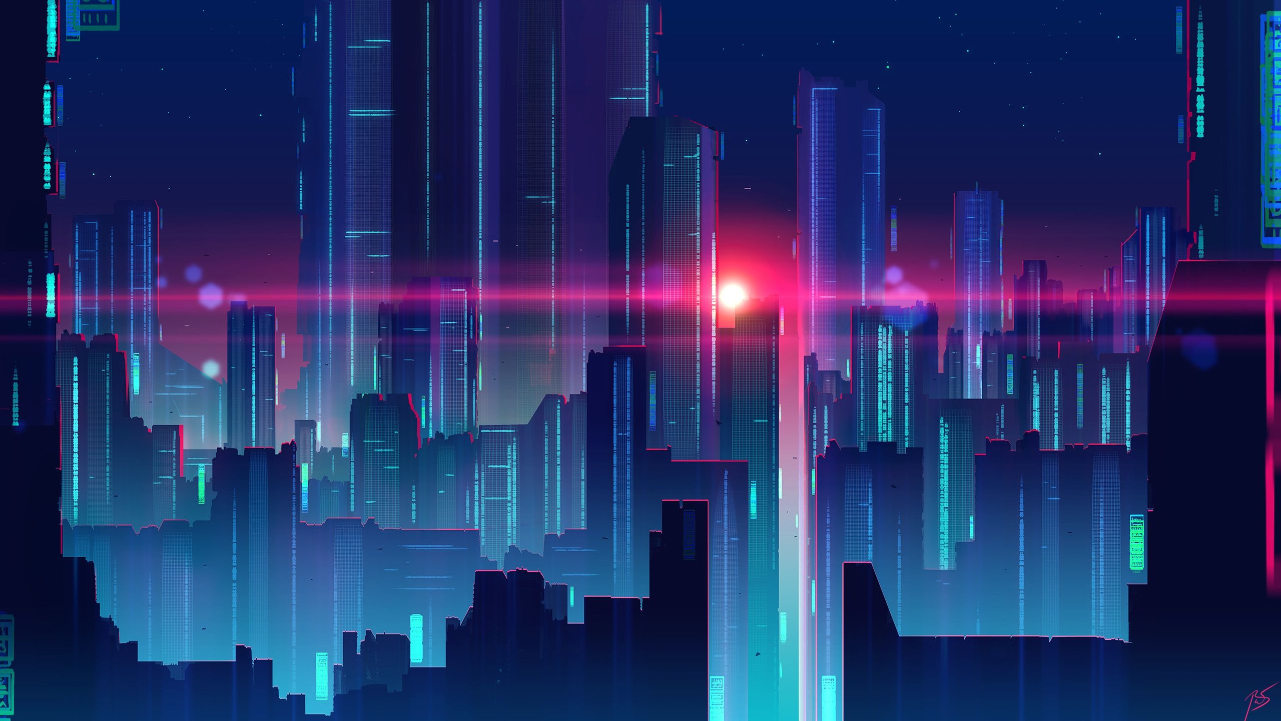 Wallpaper Synthwave by Joey Jazz Skyscrapers Cities Houses 2560x1440