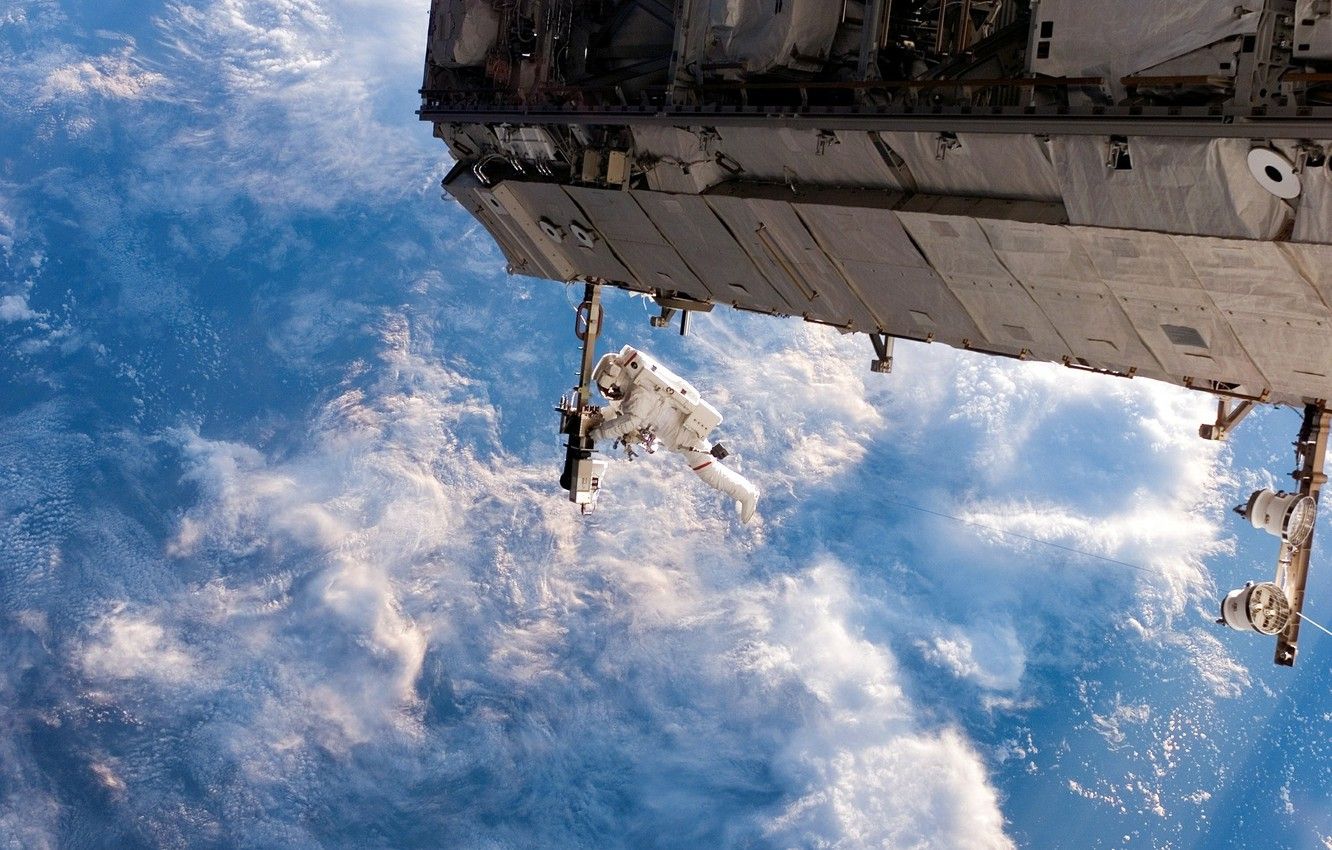 Wallpaper space, clouds, flight, space, reflection, ISS, the suit
